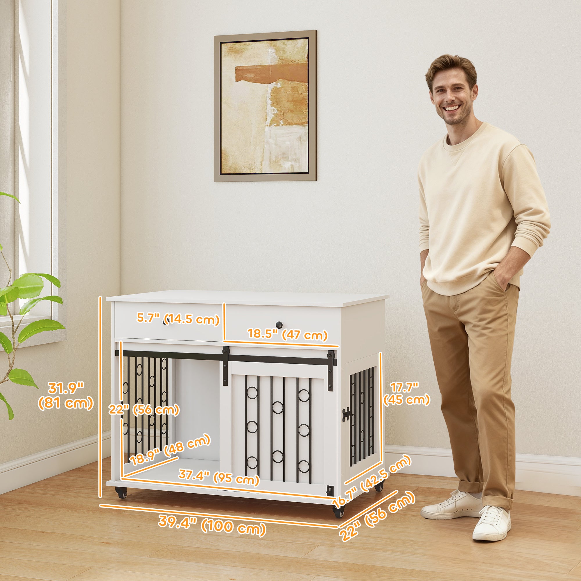 pawhut-meuble-cage-pour-chien-avec-2-tiroirs-roulettes-et-porte-coulissante-blan image 5
