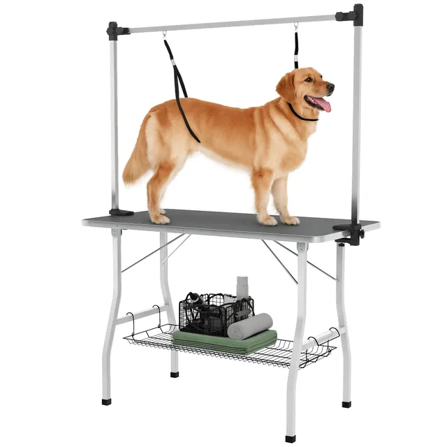 pawhut-table-de-toilettage-chien-pliable-106-cm-avec-bras-r-glable-et-tag-re-noi image 1