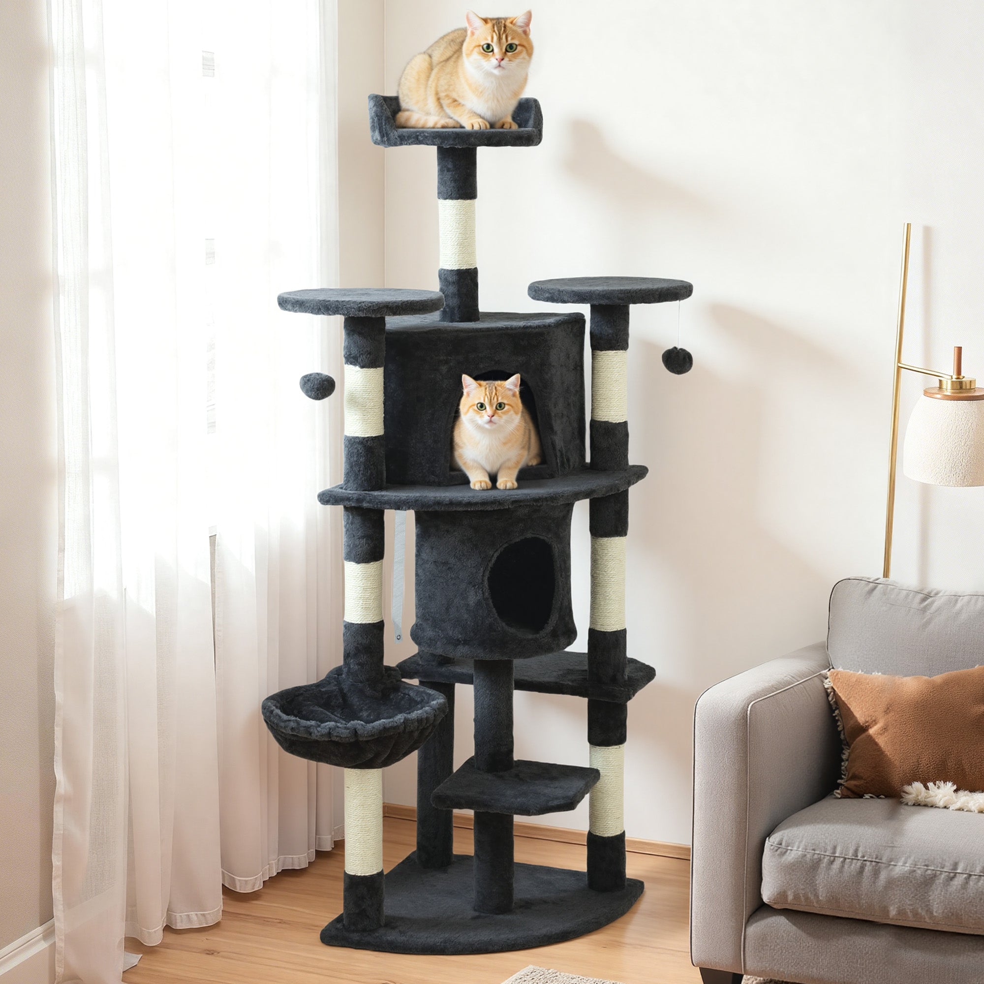 pawhut-arbre-chat-157-cm-2-niches-hamac-et-perchoirs-gris-fonc image 4