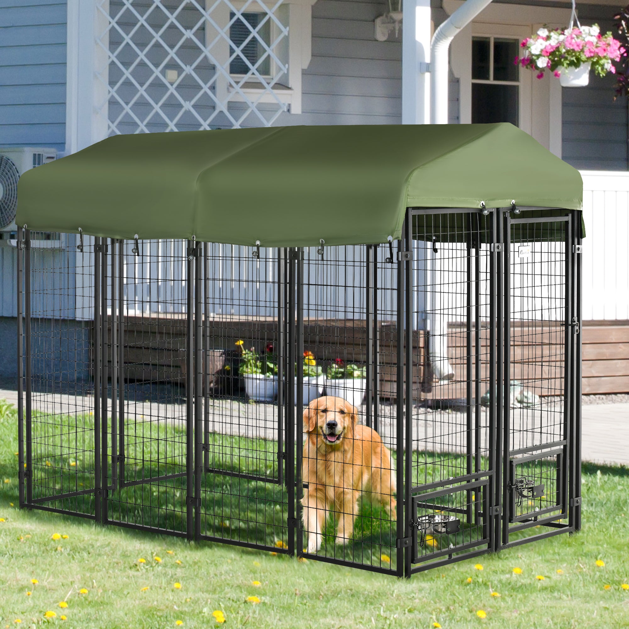 pawhut-chenil-chien-ext-rieur-acier-avec-toit-et-gamelles-vert image 3