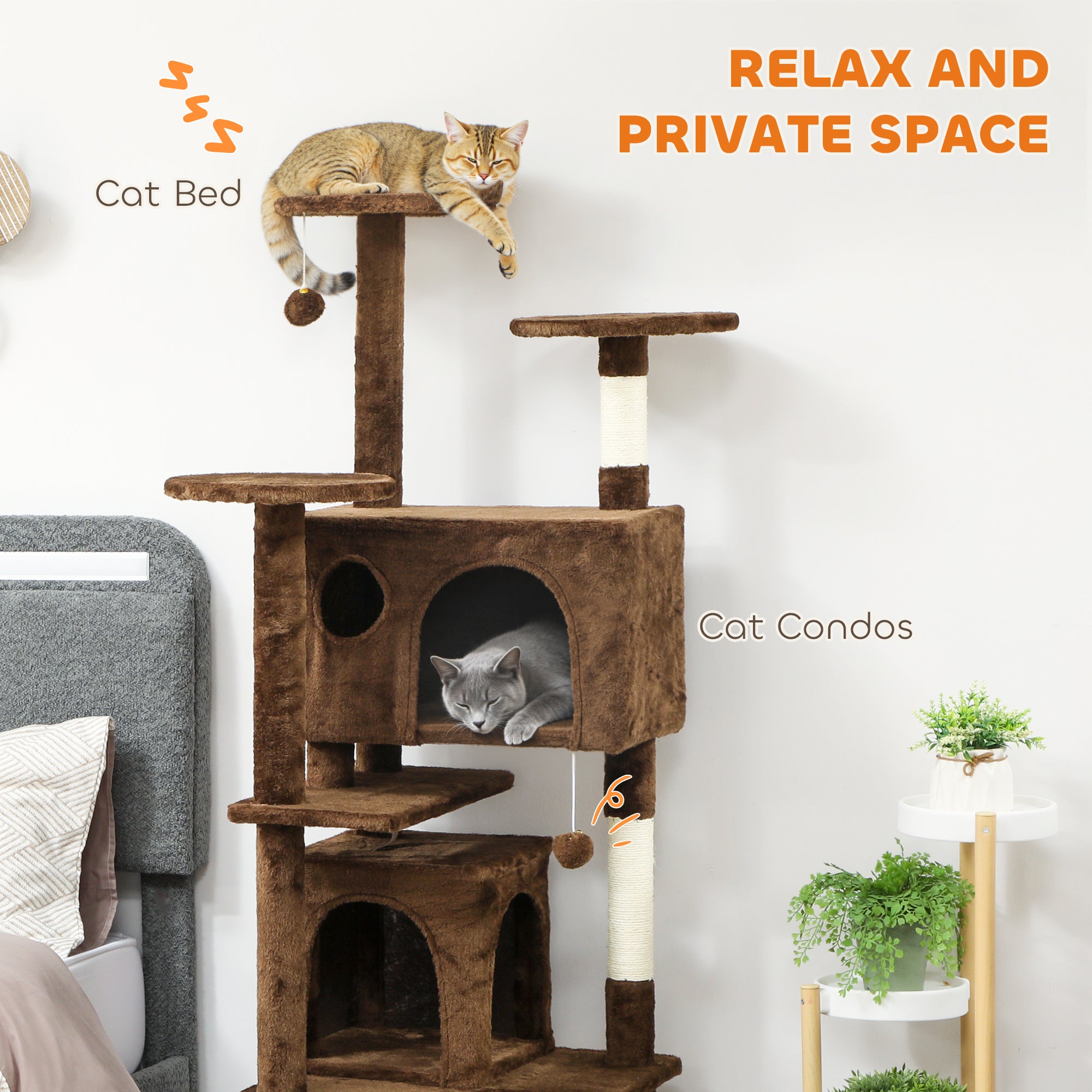 pawhut-arbre-chat-63-avec-condos-lit-rampe-et-griffoirs-marron-clair image 7