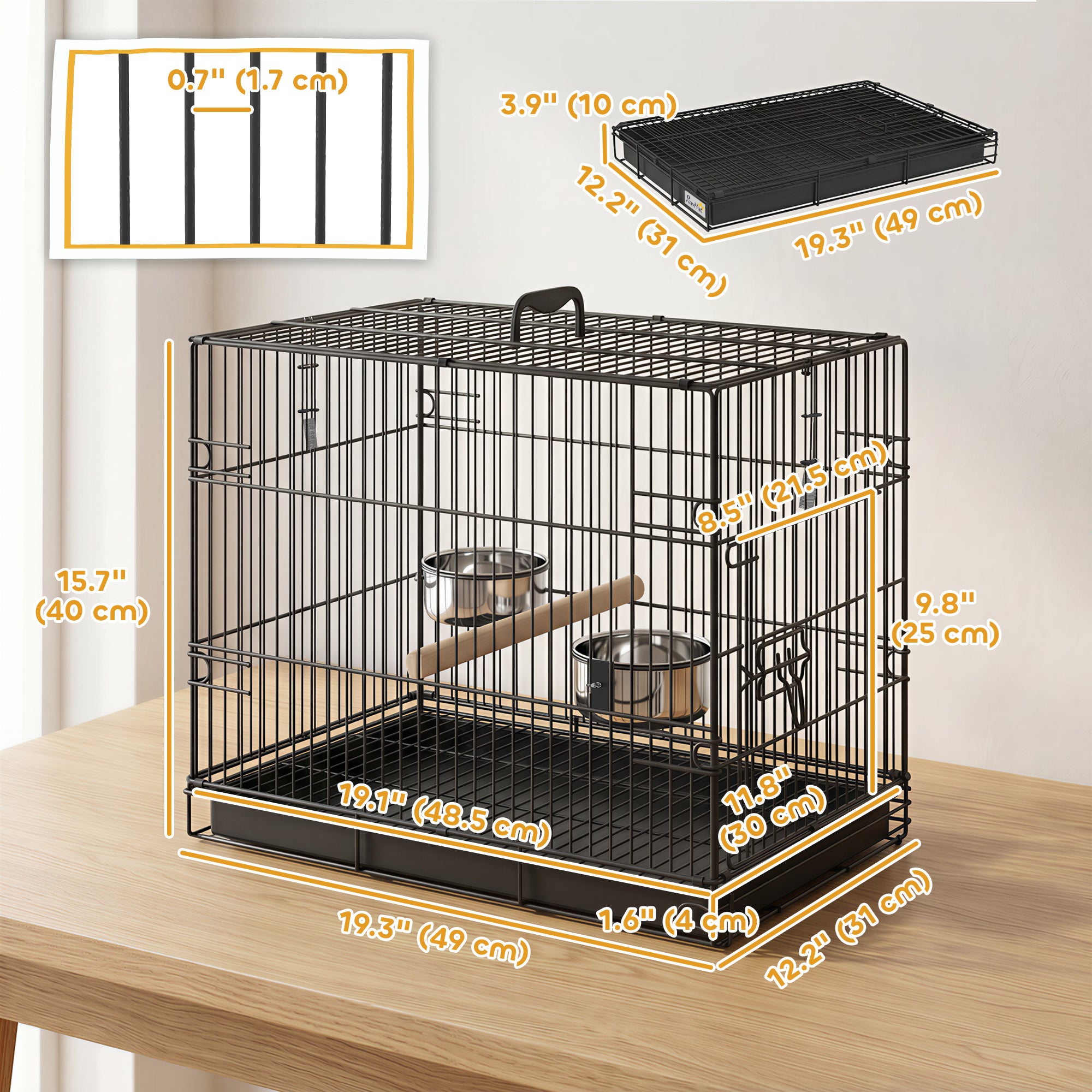 pawhut-cage-de-transport-pour-oiseau-pliable-en-m-tal-noir-perchoir-en-bois-game image 5