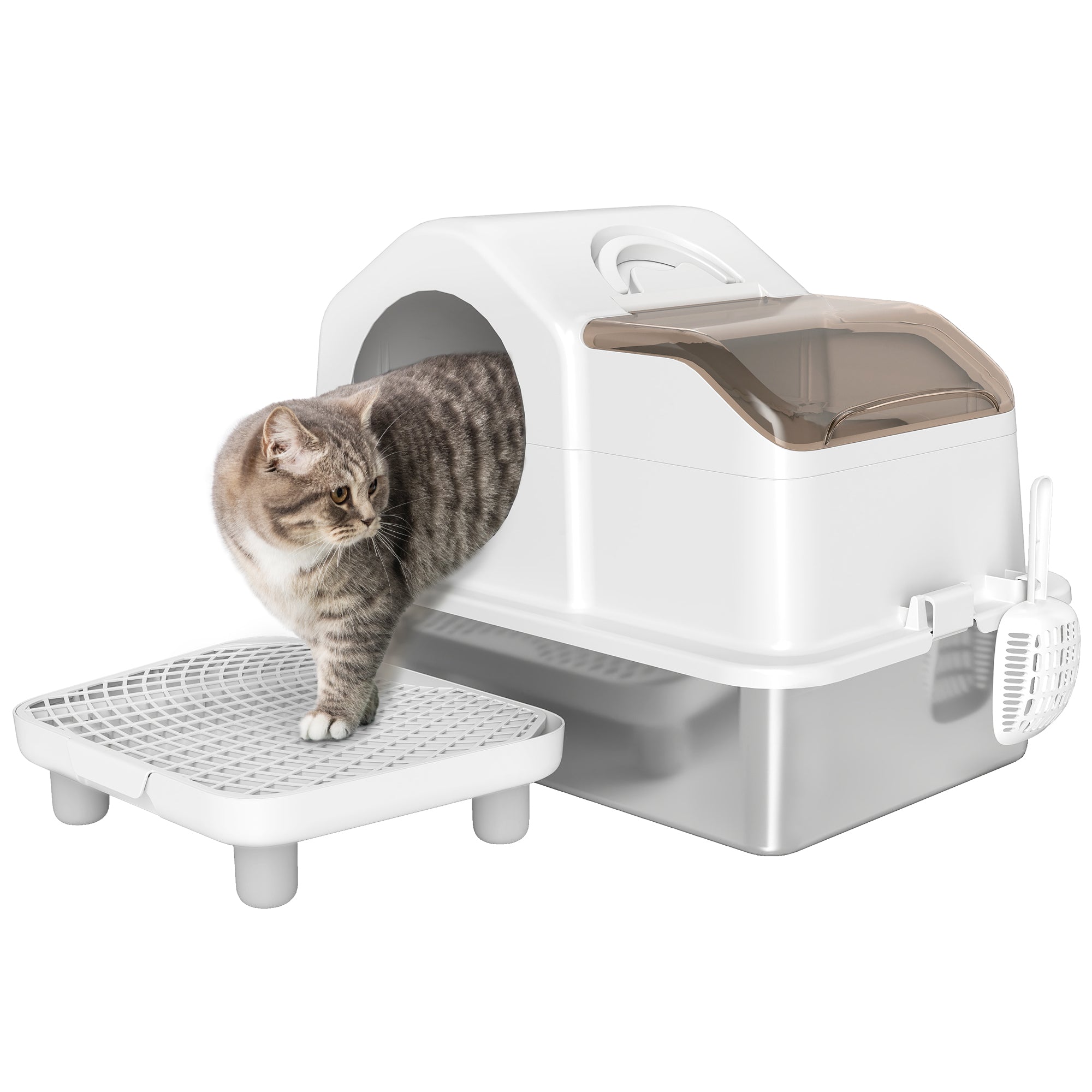 pawhut-bac-liti-re-chat-inox-avec-couvercle-amovible-tapis-et-pelle-blanc-60-5-x image 1