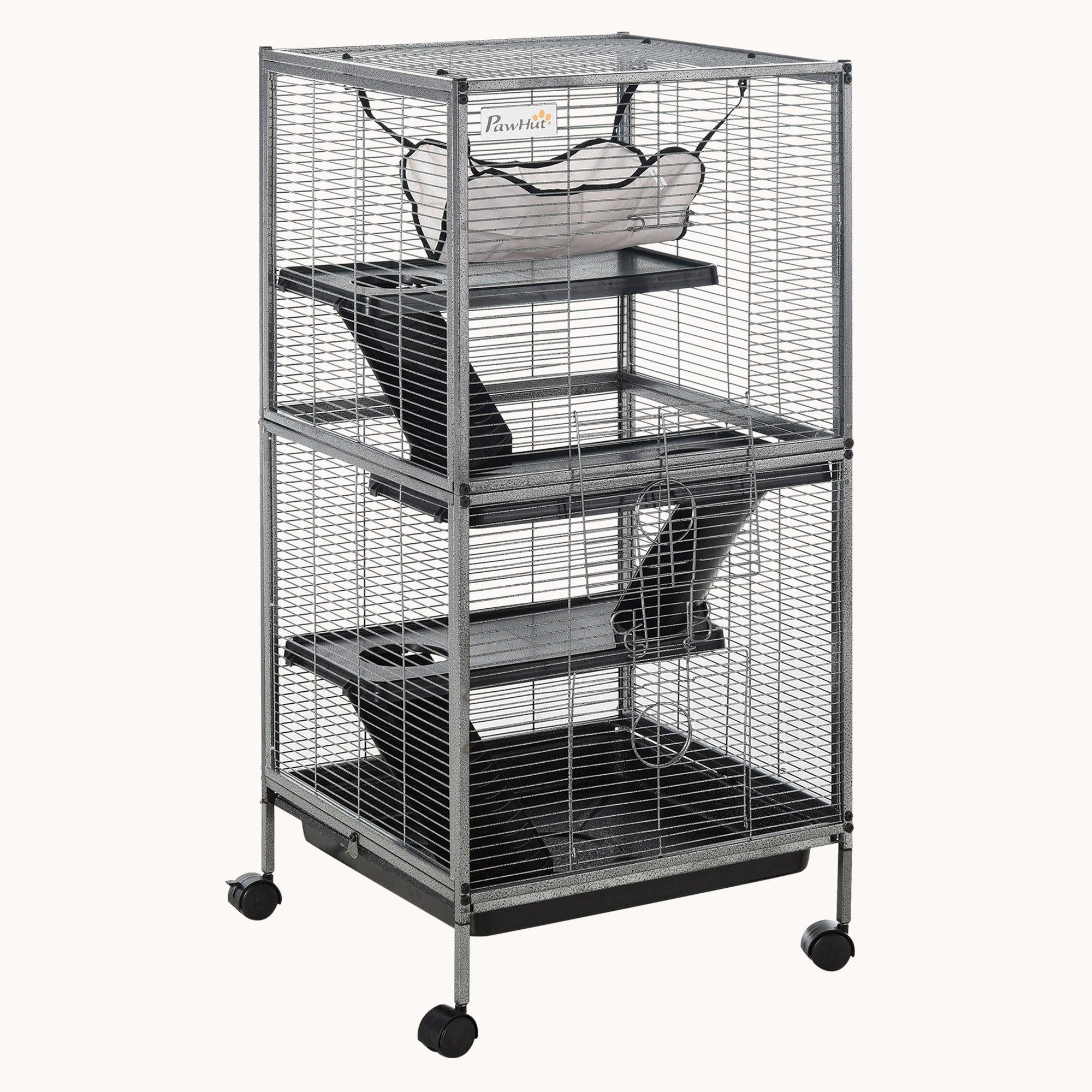 pawhut-cage-petits-animaux-4-tages-roulettes-avec-hamac-gris image 2