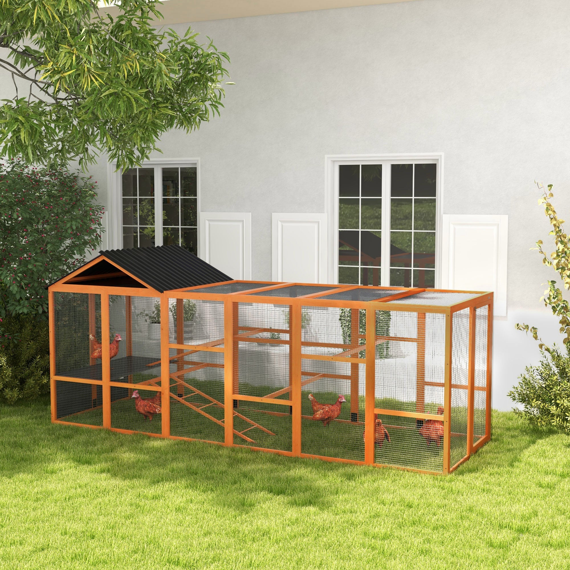 pawhut-enclos-poules-en-bois-avec-rangement-perchoirs-et-chelles-orange image 4