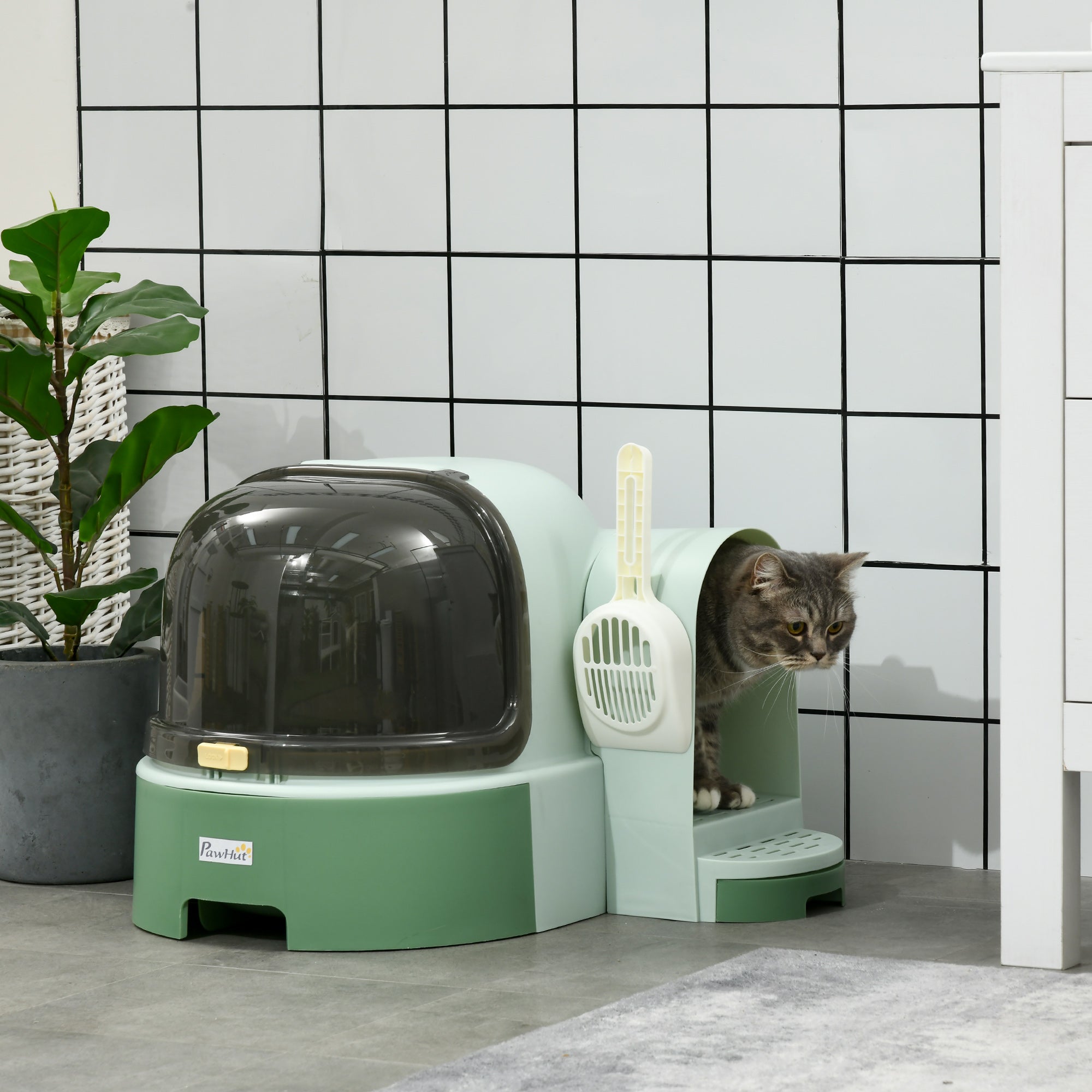 pawhut-bac-liti-re-pour-chat-ferm-avec-porte-avant-ouvrante-et-pelle-vert image 4