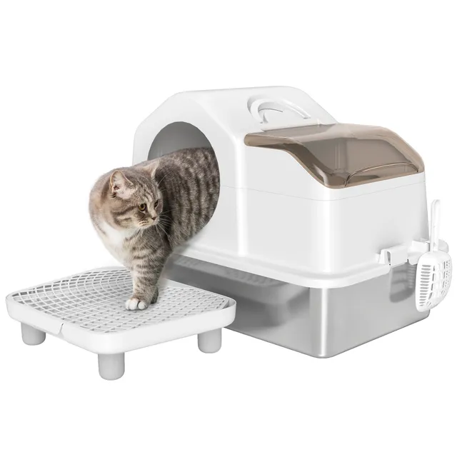 pawhut-bac-liti-re-chat-inox-avec-couvercle-amovible-tapis-et-pelle-blanc-60-5-x image 1