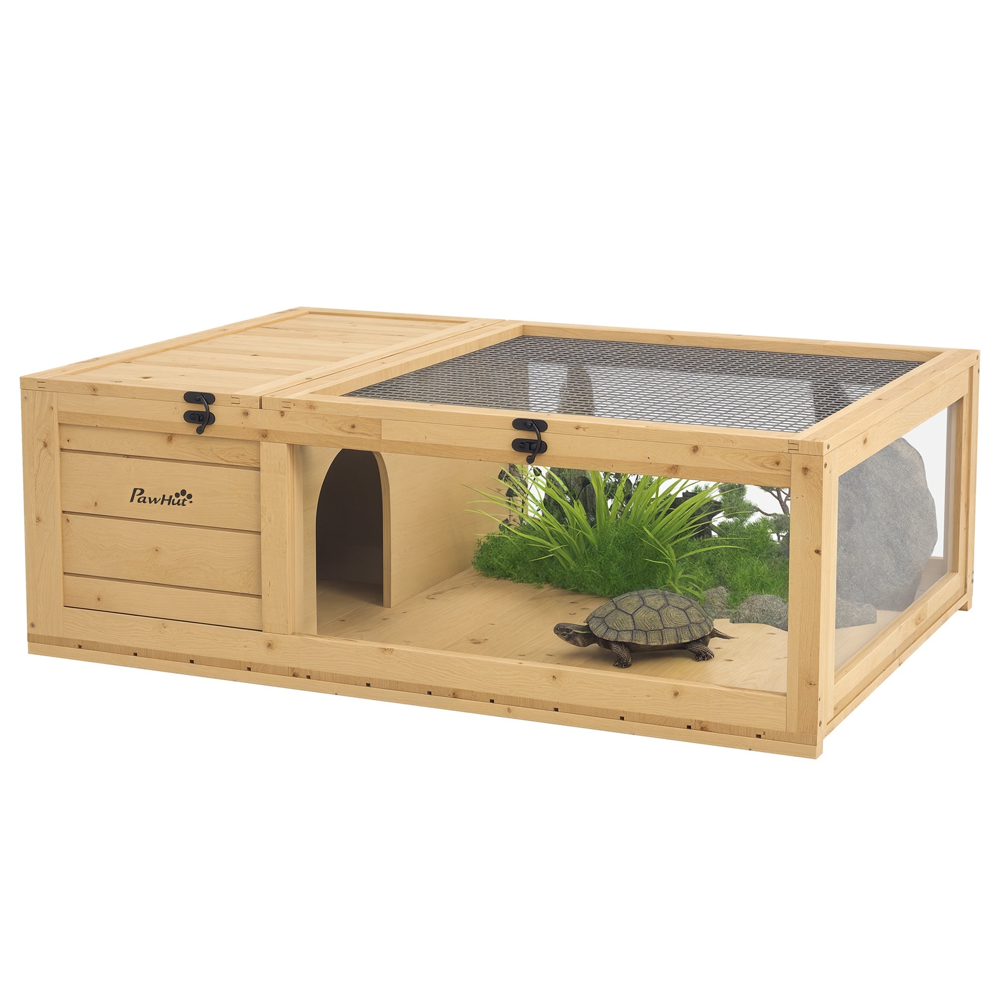 pawhut-maison-tortue-bois-2-pi-ces-enclos-int-rieur-jaune-clair image 1