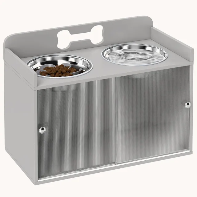 pawhut-station-d-alimentation-sur-lev-e-grise-2-gamelles-inox-avec-rangement image 1