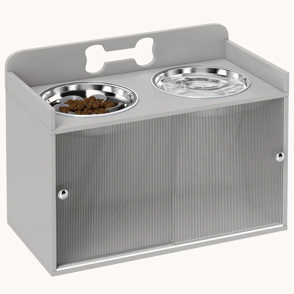 pawhut-station-d-alimentation-sur-lev-e-grise-2-gamelles-inox-avec-rangement image 1