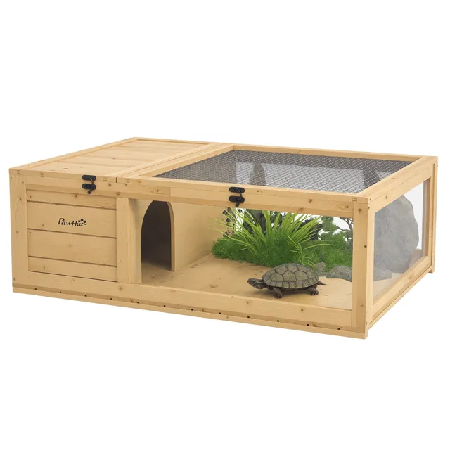 pawhut-maison-tortue-bois-2-pi-ces-enclos-int-rieur-jaune-clair image 1
