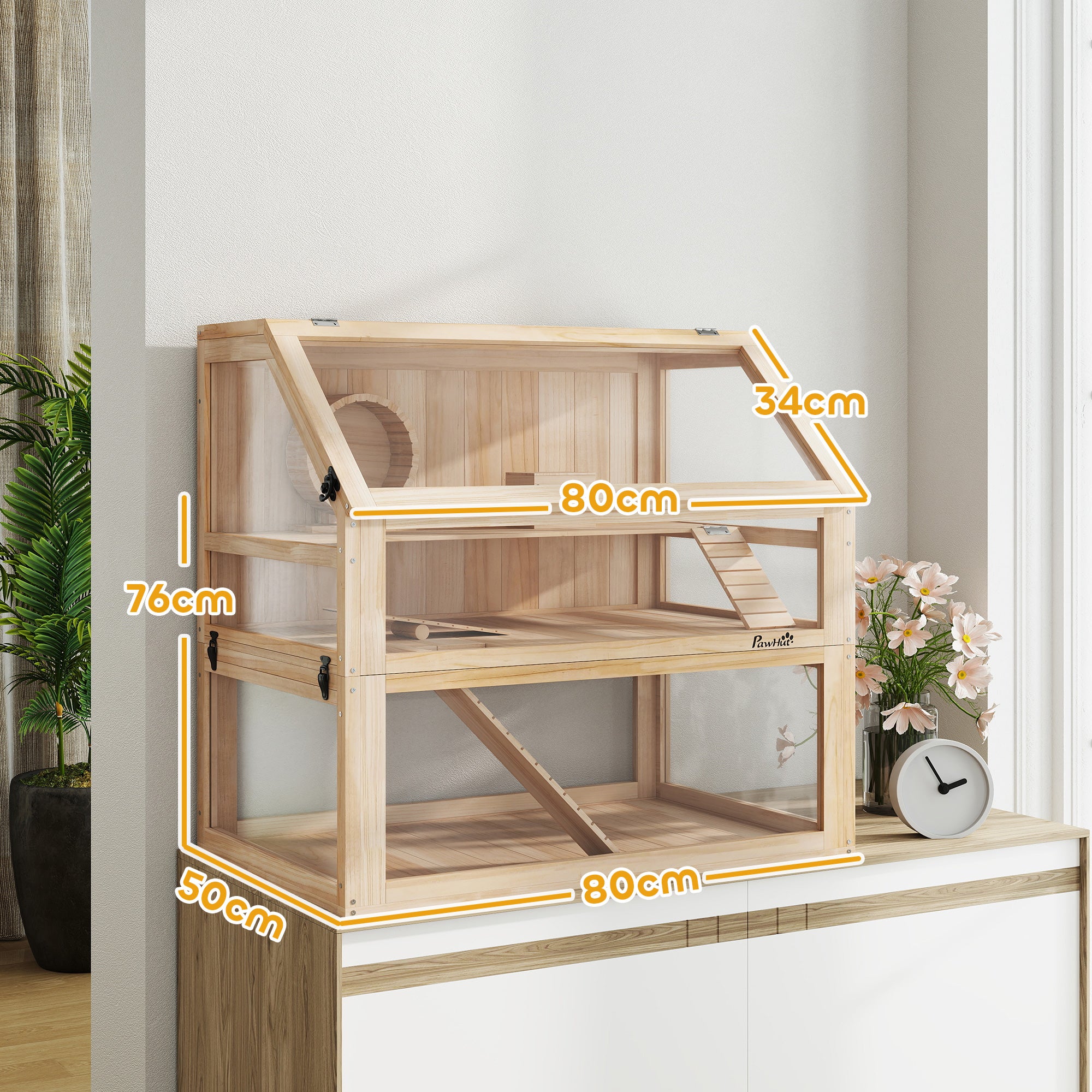 pawhut-cage-pour-hamster-en-bois-3-tages-avec-roue-maison-et-rampes-80-x-50-x-76 image 5