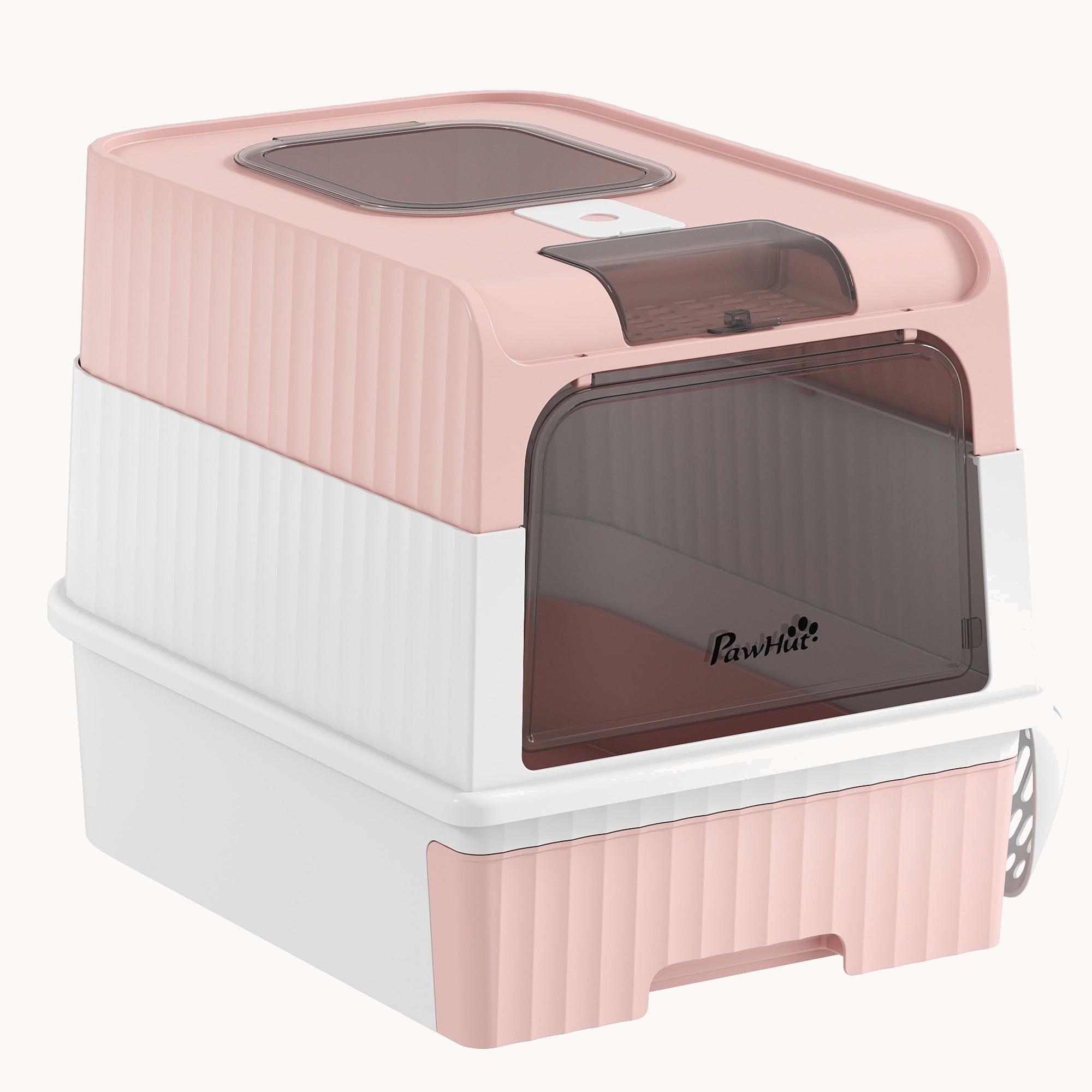 pawhut-bac-liti-re-ferm-pour-chat-avec-capot-sortie-dessus-tiroir-et-pelle-rose image 2