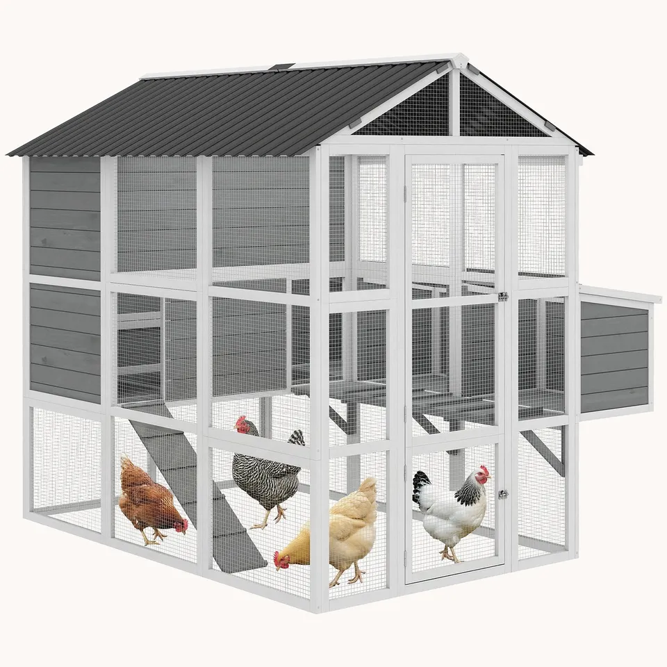 pawhut-grand-poulailler-en-bois-77-avec-enclos-pour-6-8-poules-3-pondoirs-gris image 1