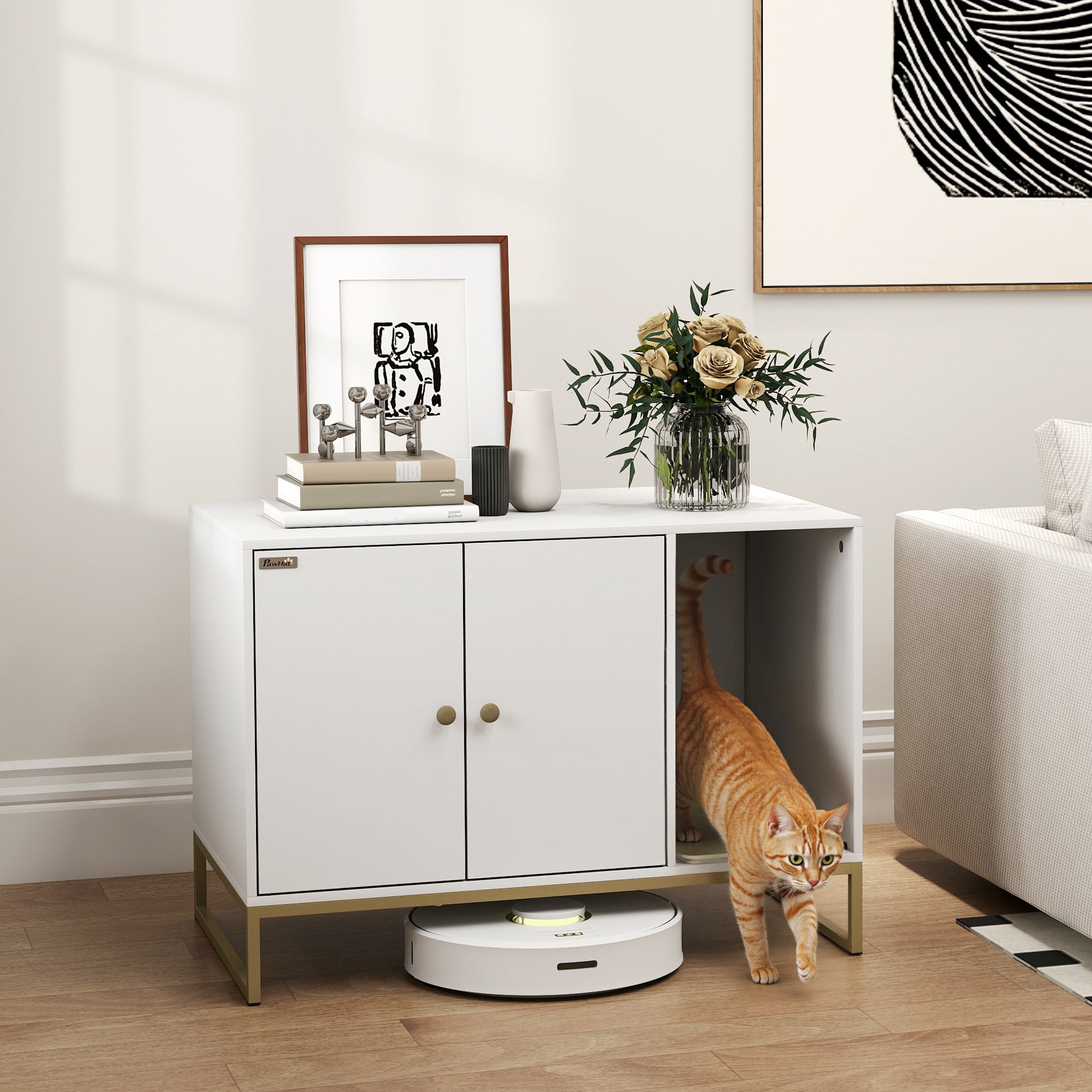 pawhut-meuble-liti-re-chat-cach-e-avec-tapis-et-rangement-blanc image 4