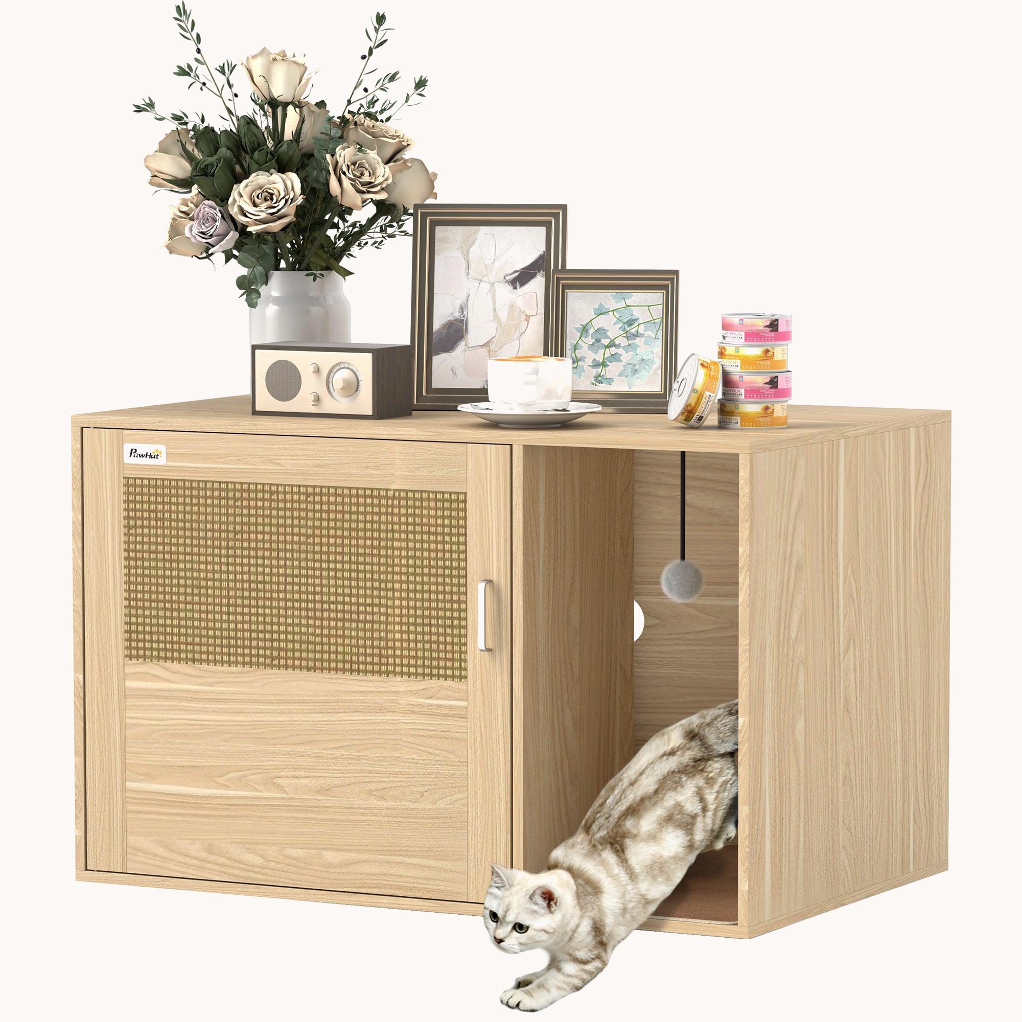 pawhut-meuble-pour-bac-liti-re-cach-avec-porte-en-rotin-et-tapis-griffer-31-5-x2 image 1