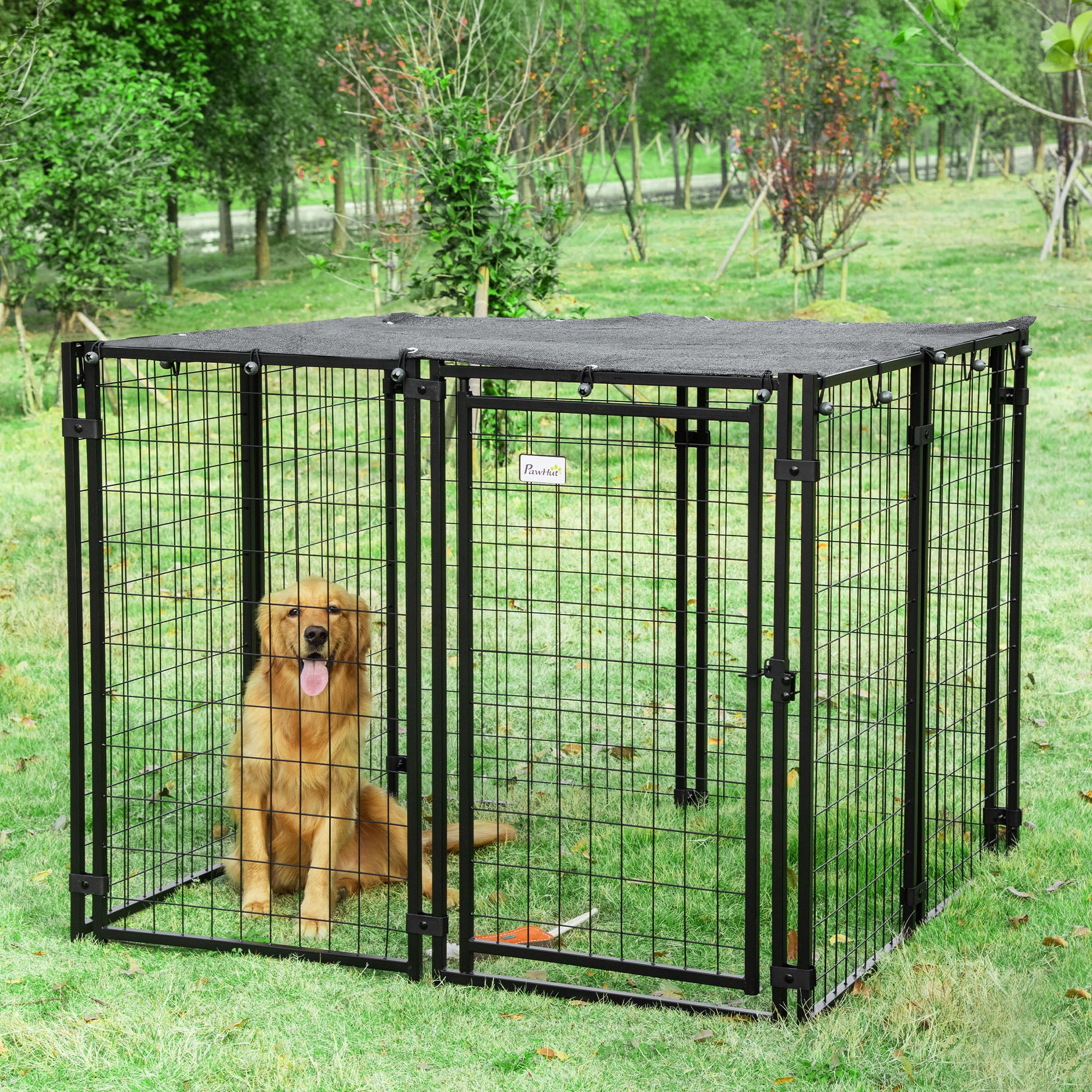 pawhut-enclos-chenil-ext-rieur-chien-avec-toit-et-porte-verrouillable-noir image 3