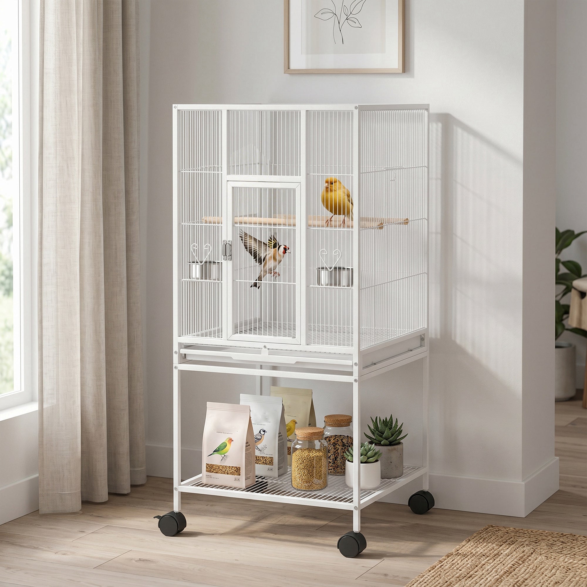 pawhut-cage-oiseaux-d-tachable-sur-roulettes-avec-tag-re-blanche-pour-petits-ois image 3