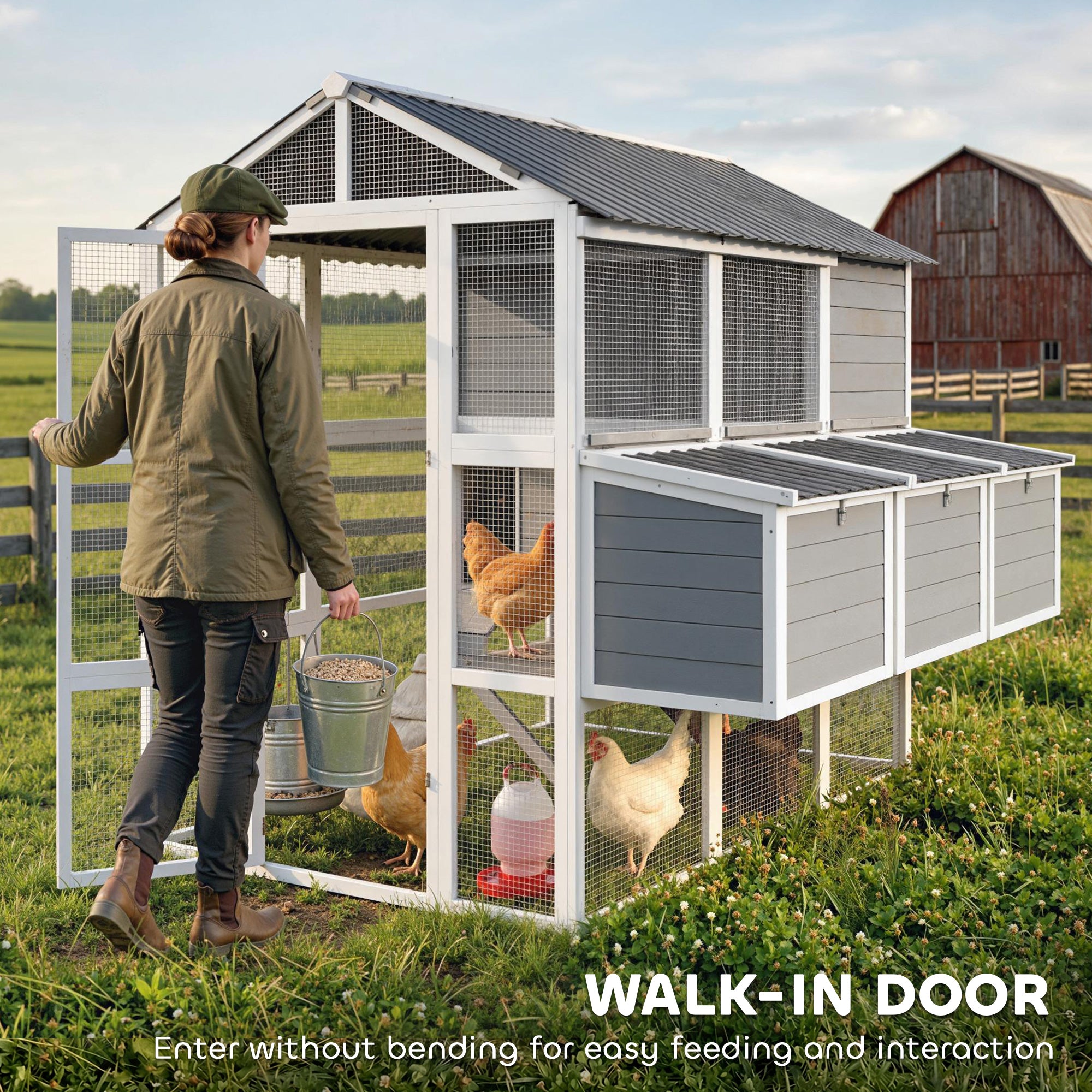 pawhut-grand-poulailler-en-bois-77-avec-enclos-pour-6-8-poules-3-pondoirs-gris image 7