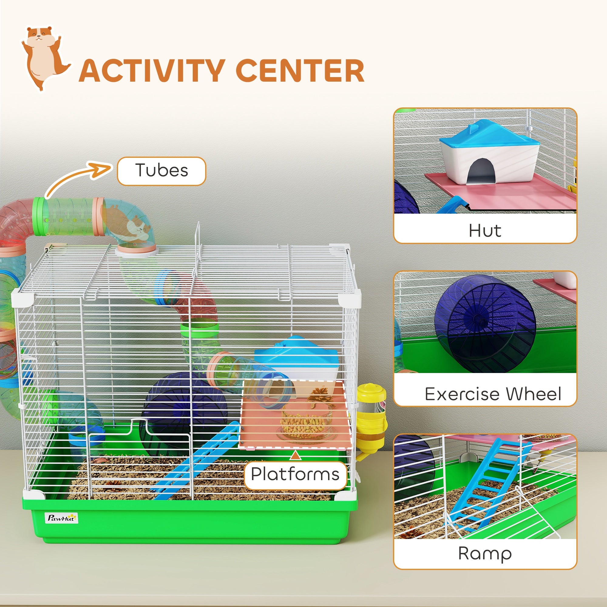 pawhut-cage-hamster-2-tages-avec-roue-maison-et-tunnel-vert image 6