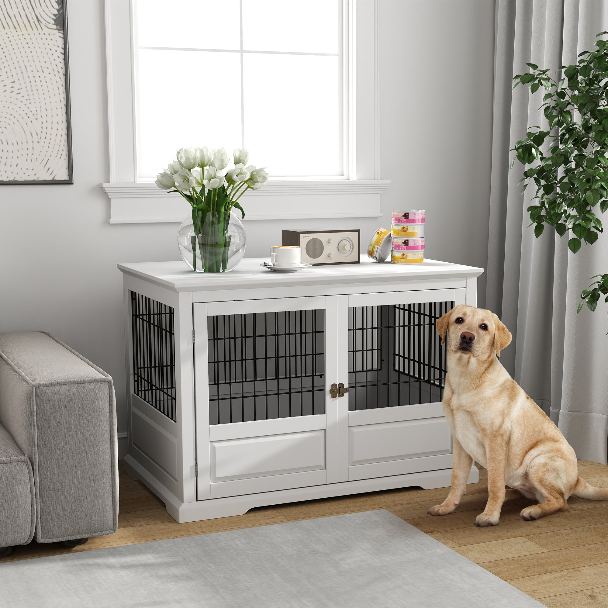pawhut-niche-caisse-meuble-pour-chien-xl-3-portes-avec-plateau-blanc image 5