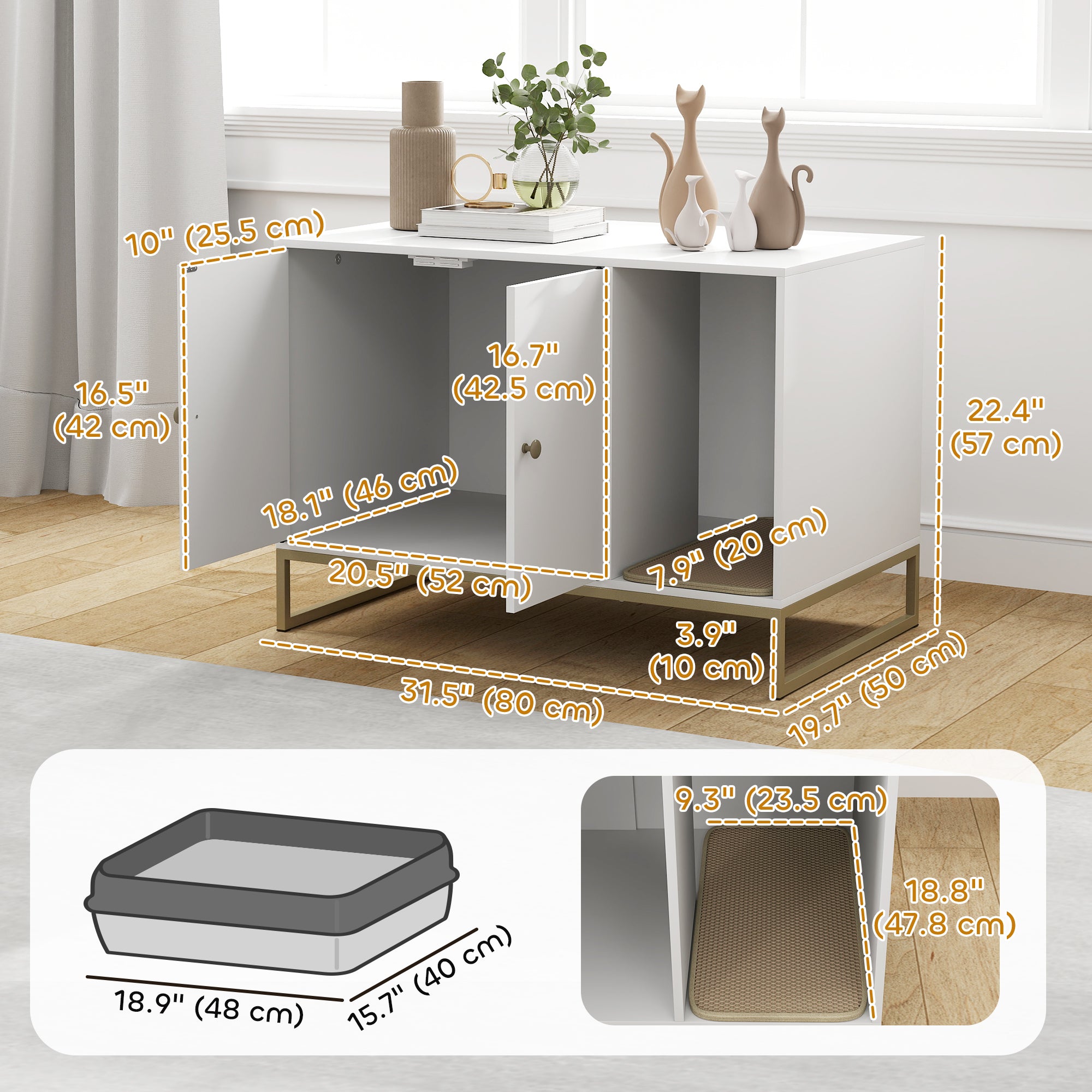 pawhut-meuble-liti-re-chat-cach-e-avec-tapis-et-rangement-blanc image 5