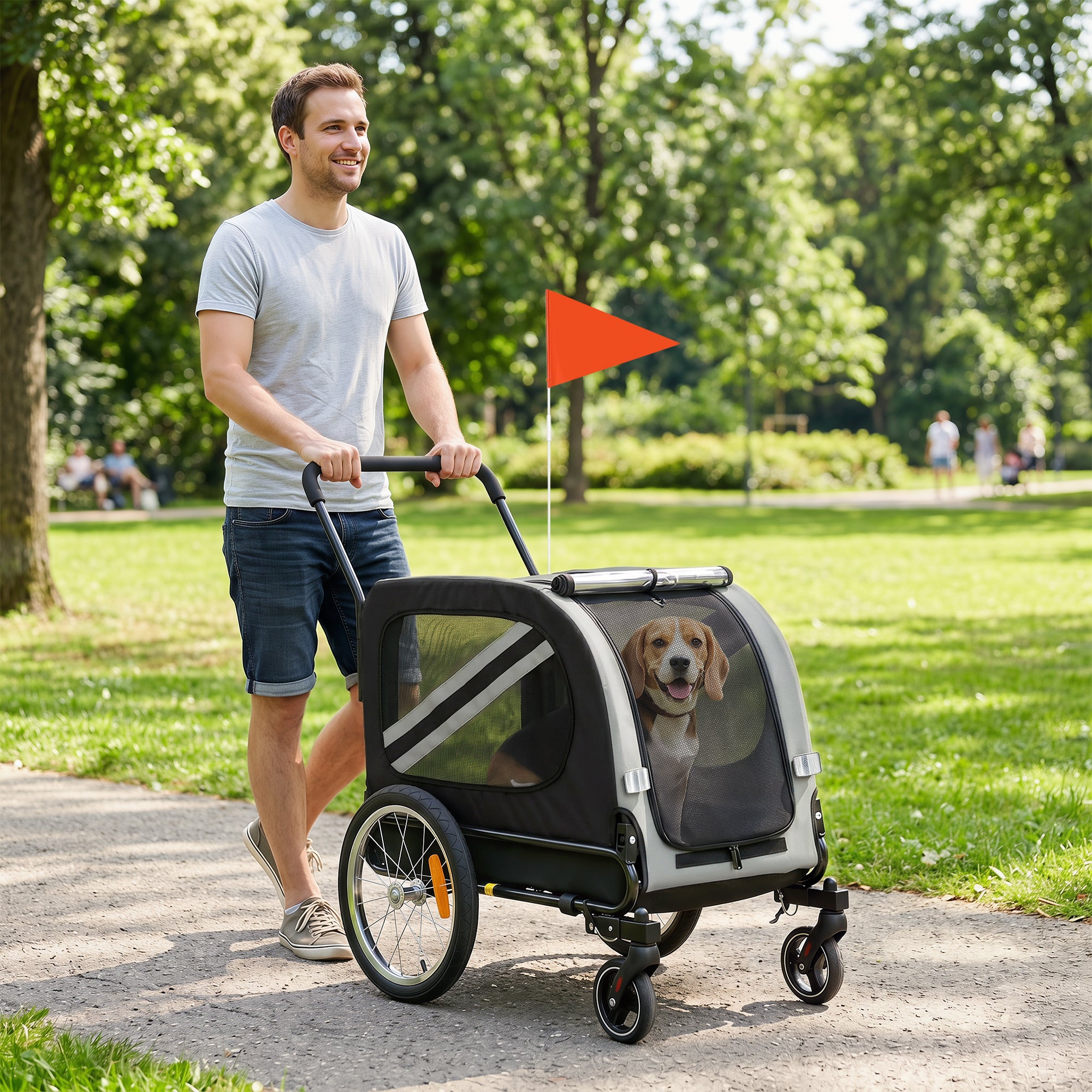 pawhut-remorque-v-lo-et-poussette-2-en-1-pour-chien-moyen-avec-r-flecteurs-gris image 4