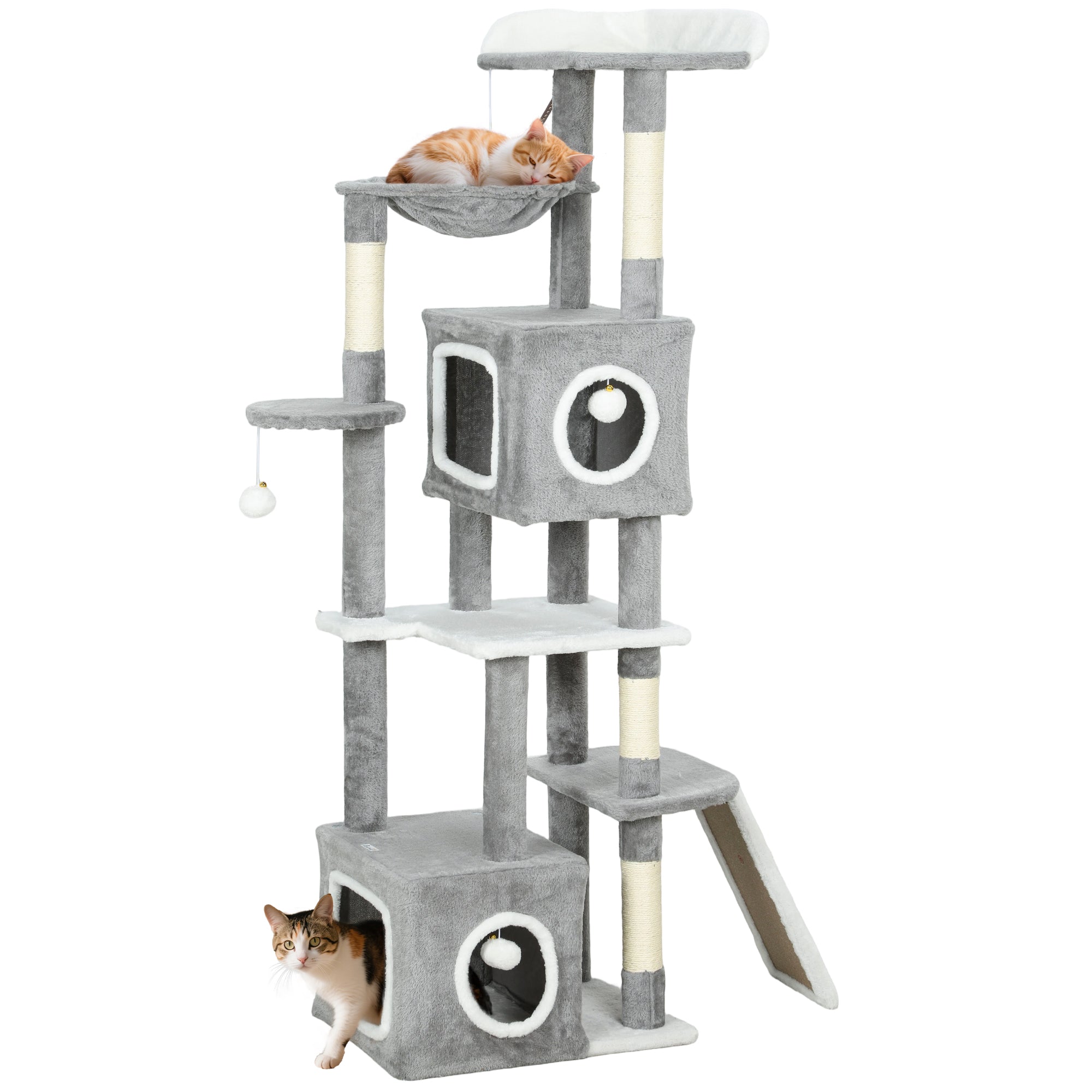 pawhut-arbre-chat-gris-65-165-cm-avec-2-niches-hamac-rampe-et-perchoir image 1
