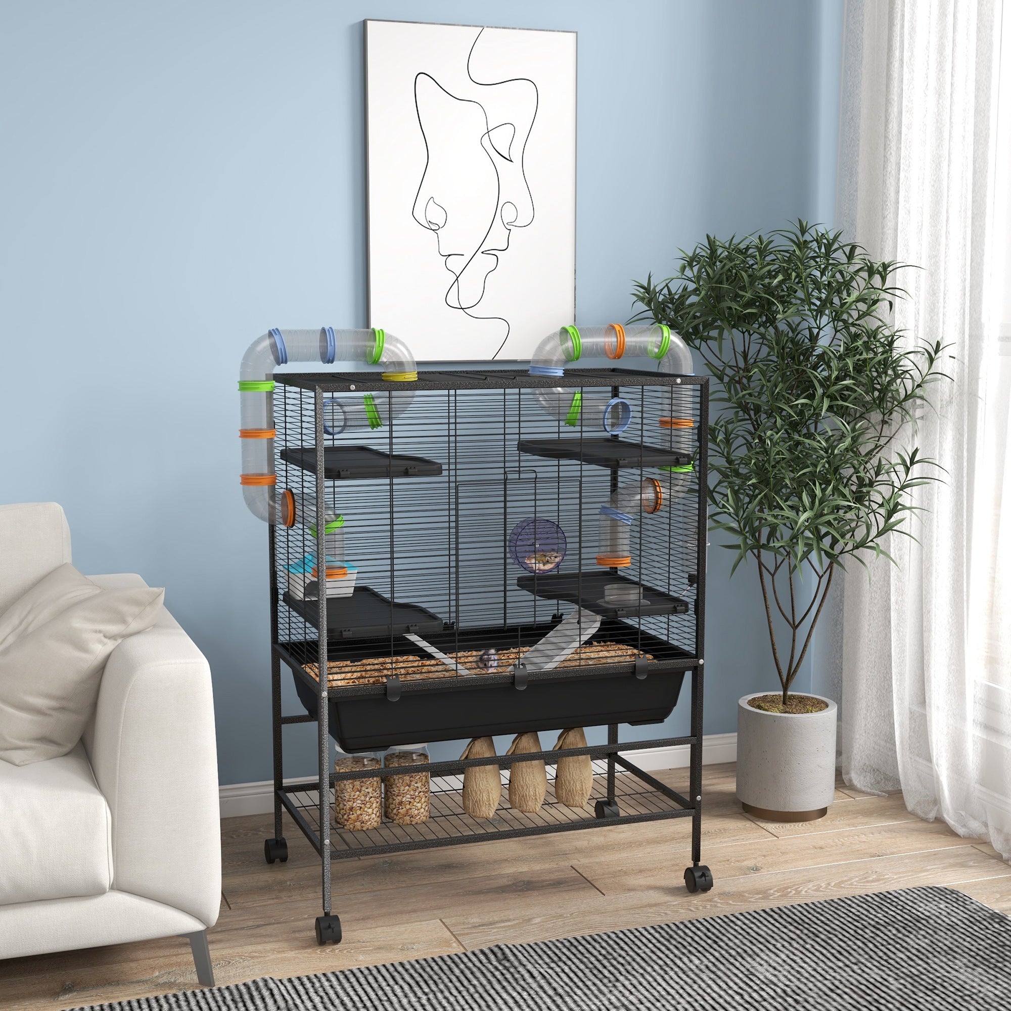 pawhut-cage-hamster-32-grande-avec-tag-re-de-rangement-et-syst-me-de-tubes-noire image 5