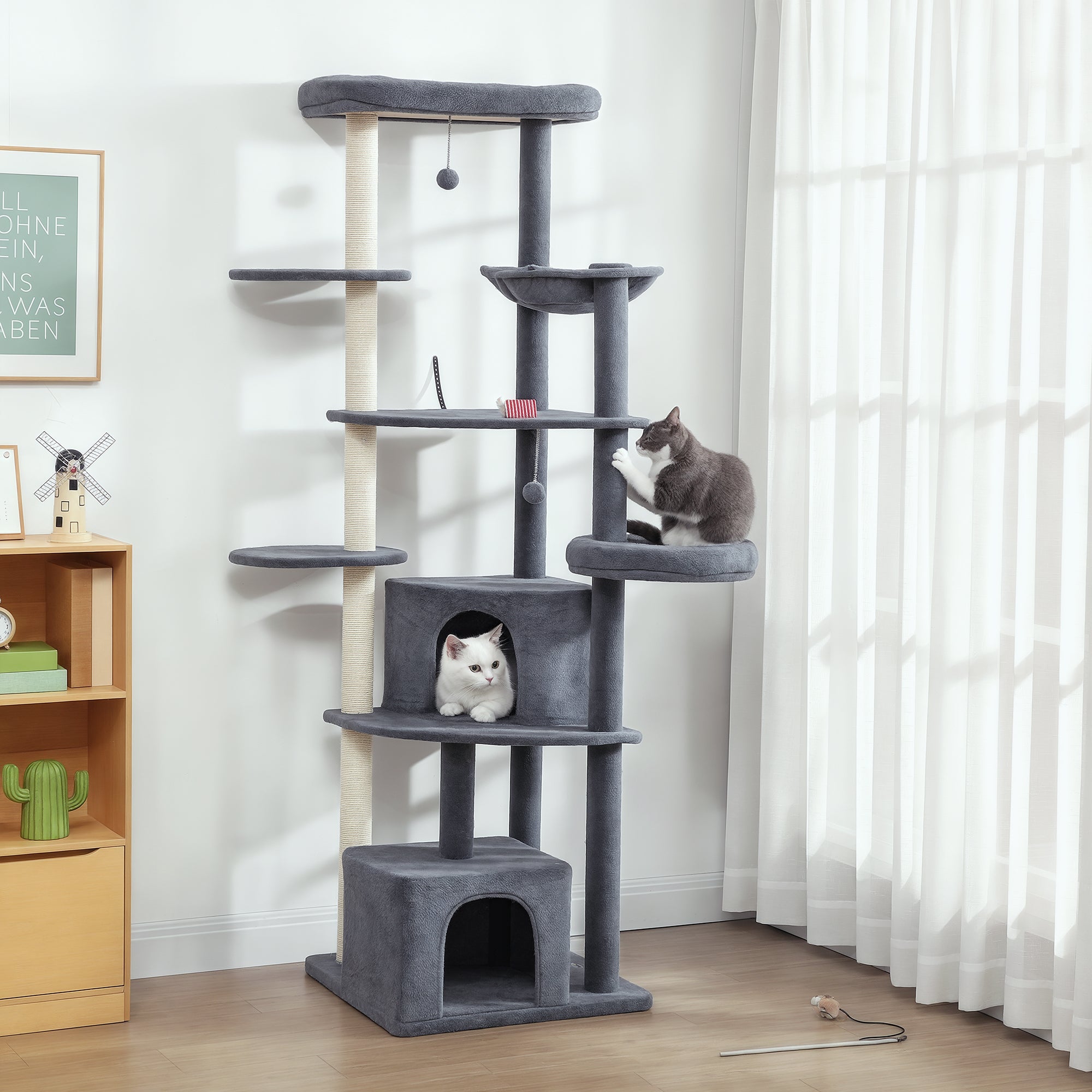 pawhut-arbre-chat-xxl-200-cm-gris-fonc-avec-2-grottes-2-perchoirs-et-hamac image 3