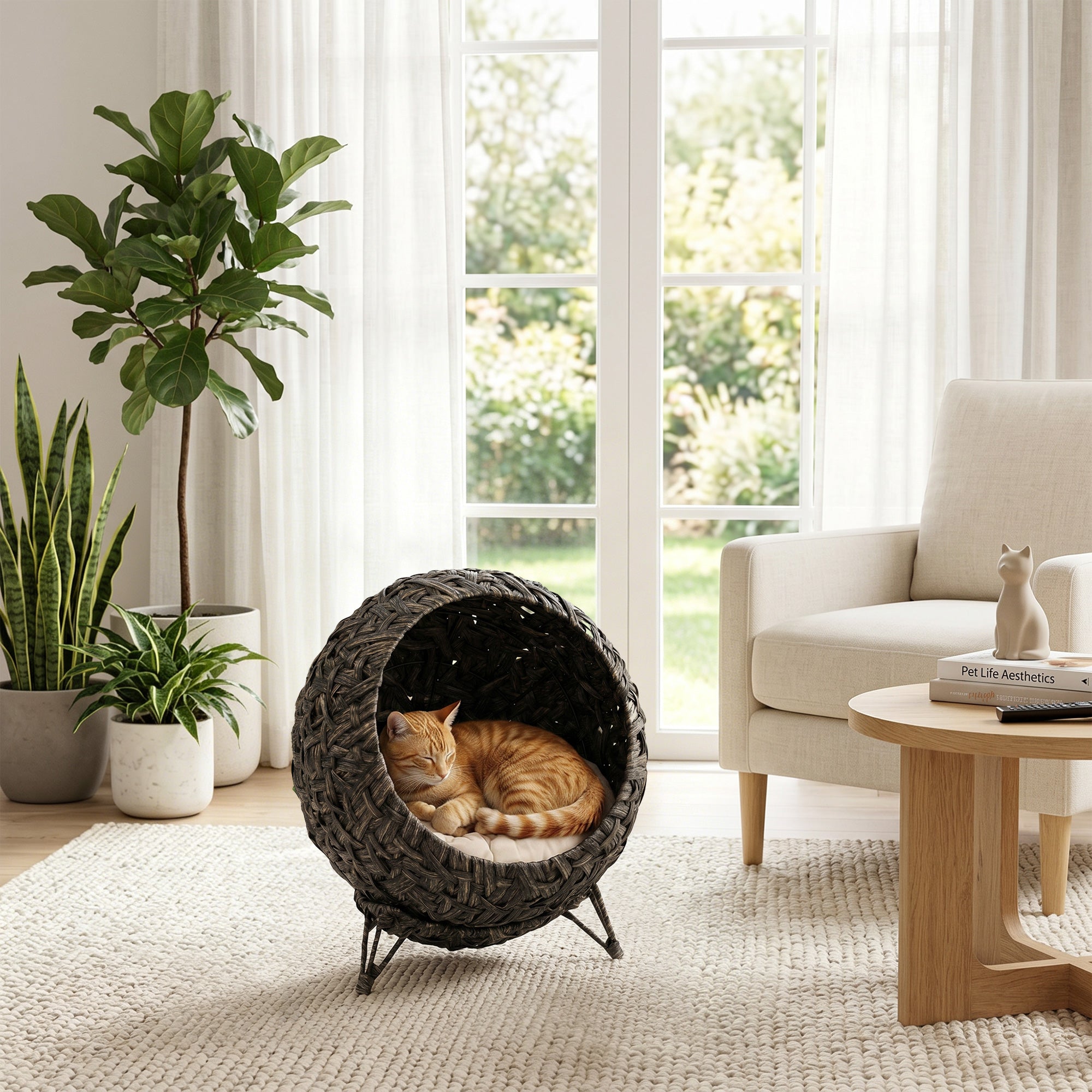pawhut-lit-chat-sur-lev-rotin-tress-avec-coussin-et-base-m-tal-gris image 4