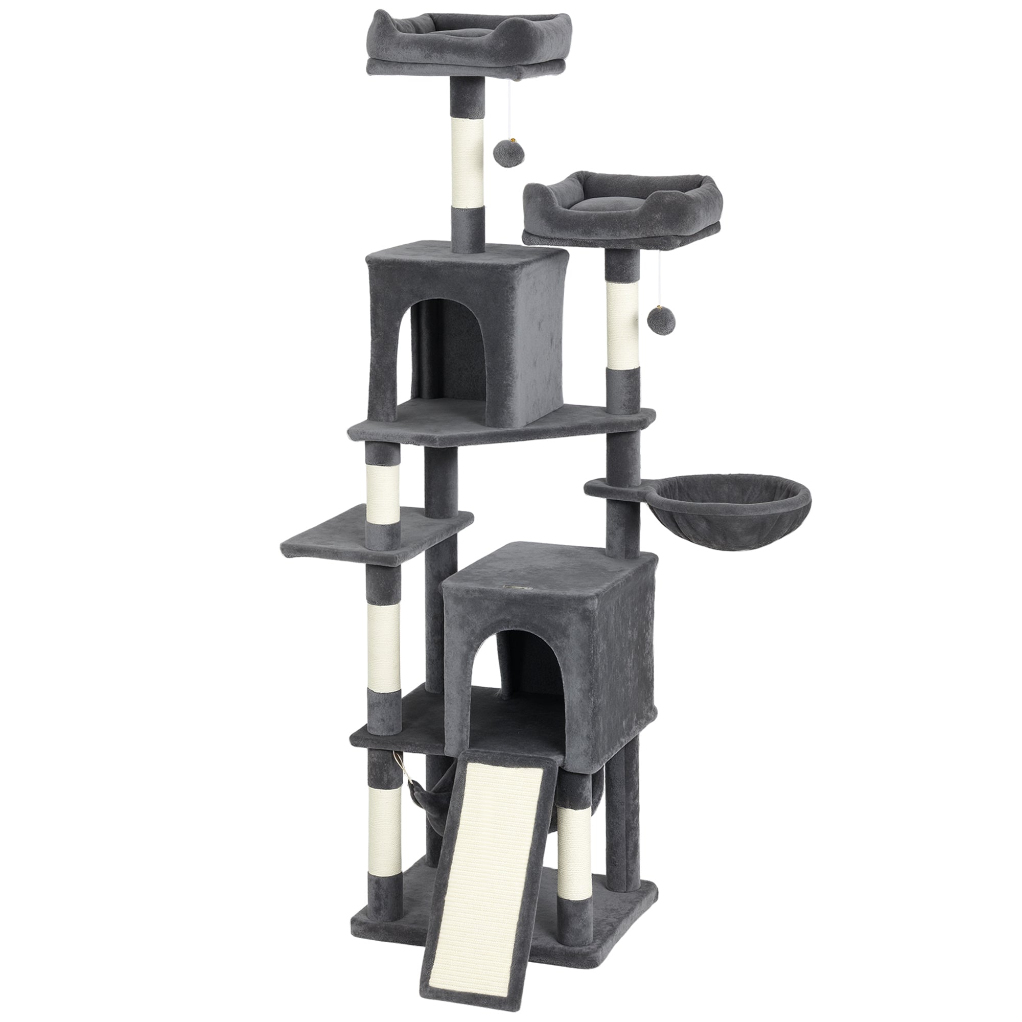 pawhut-arbre-chat-177-cm-avec-2-niches-2-perchoirs-et-hamac-gris-fonc image 2