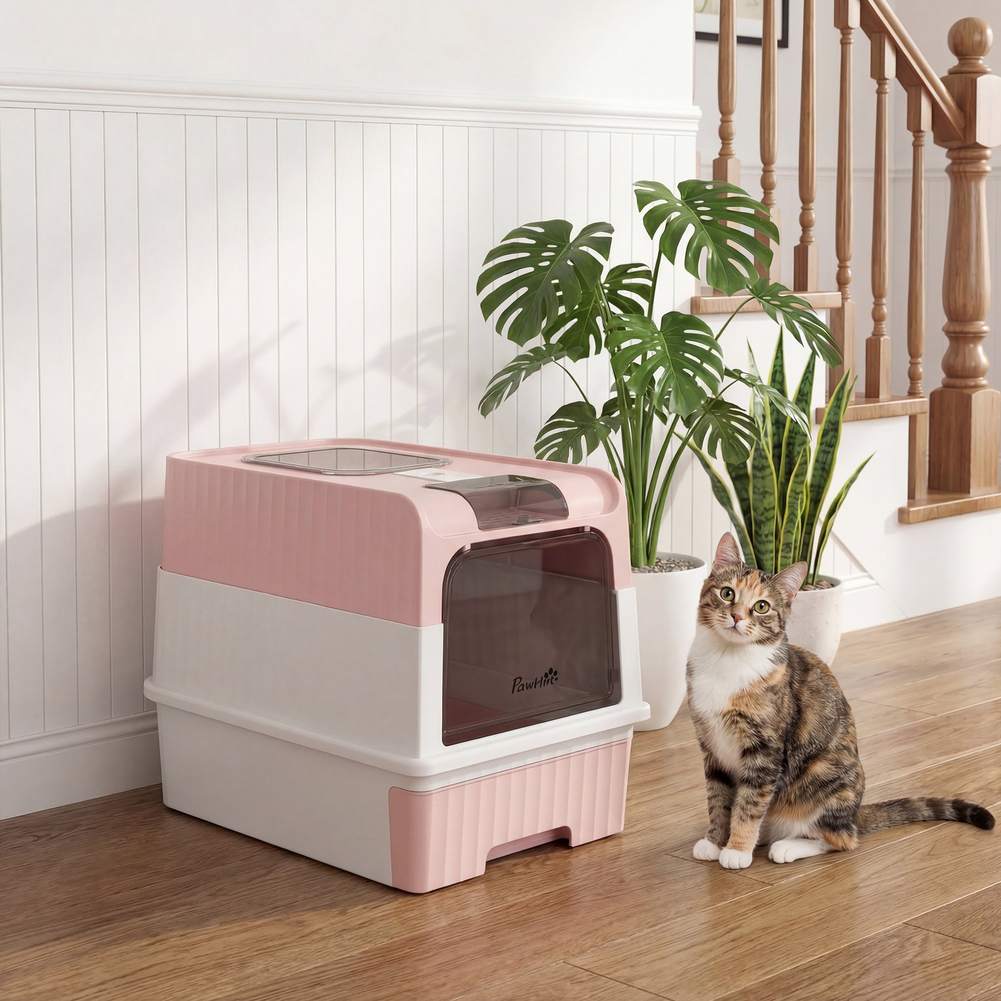 pawhut-bac-liti-re-ferm-pour-chat-avec-capot-sortie-dessus-tiroir-et-pelle-rose image 4