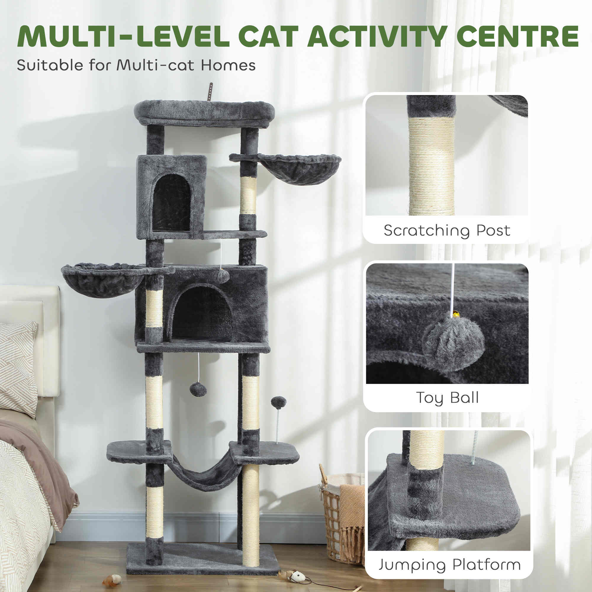 pawhut-arbre-chat-175-cm-avec-2-niches-3-hamacs-et-perchoirs-gris-fonc image 6