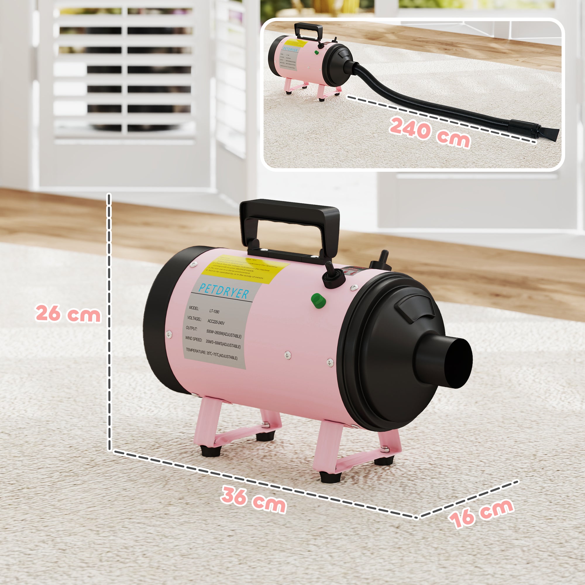 pawhut-s-che-cheveux-chien-2200w-temp-rature-r-glable-silencieux-3-embouts-rose image 5