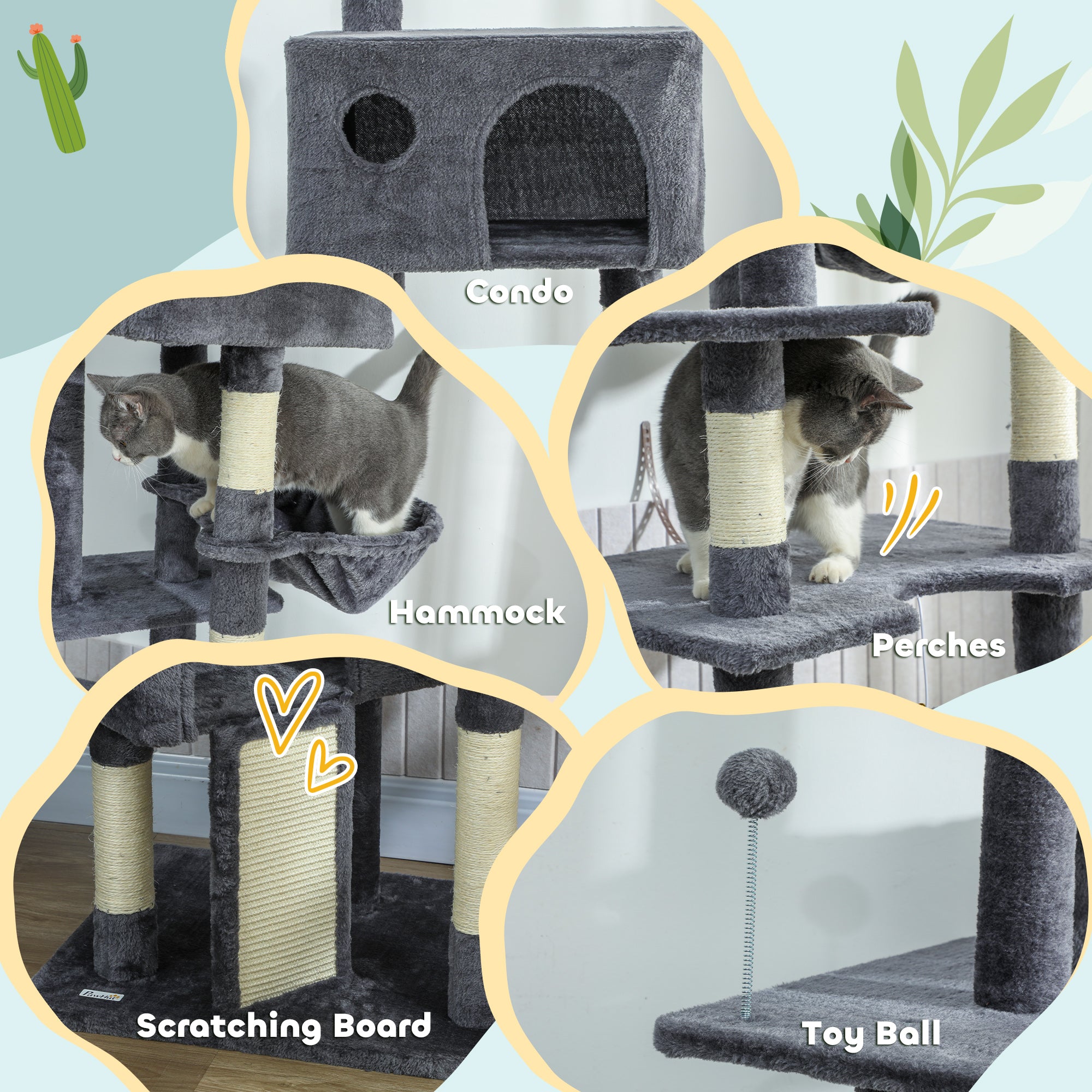 pawhut-arbre-chat-sol-plafond-230-250-cm-2-niches-hamac-gris-fonc image 7