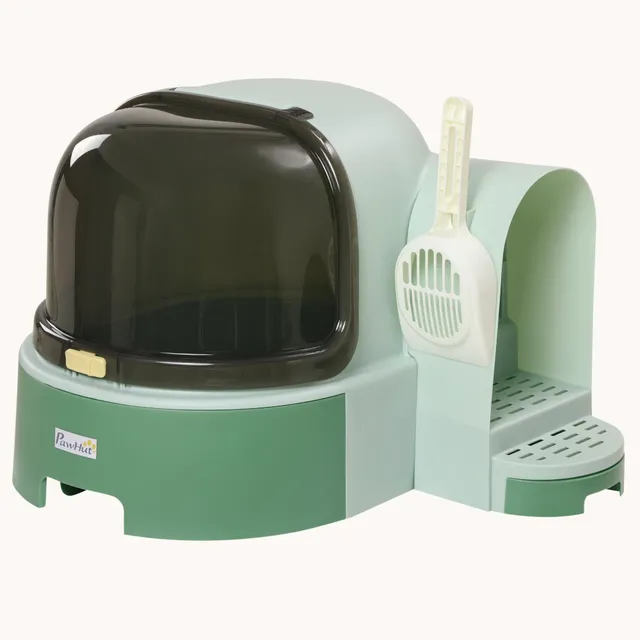 pawhut-bac-liti-re-pour-chat-ferm-avec-porte-avant-ouvrante-et-pelle-vert image 1