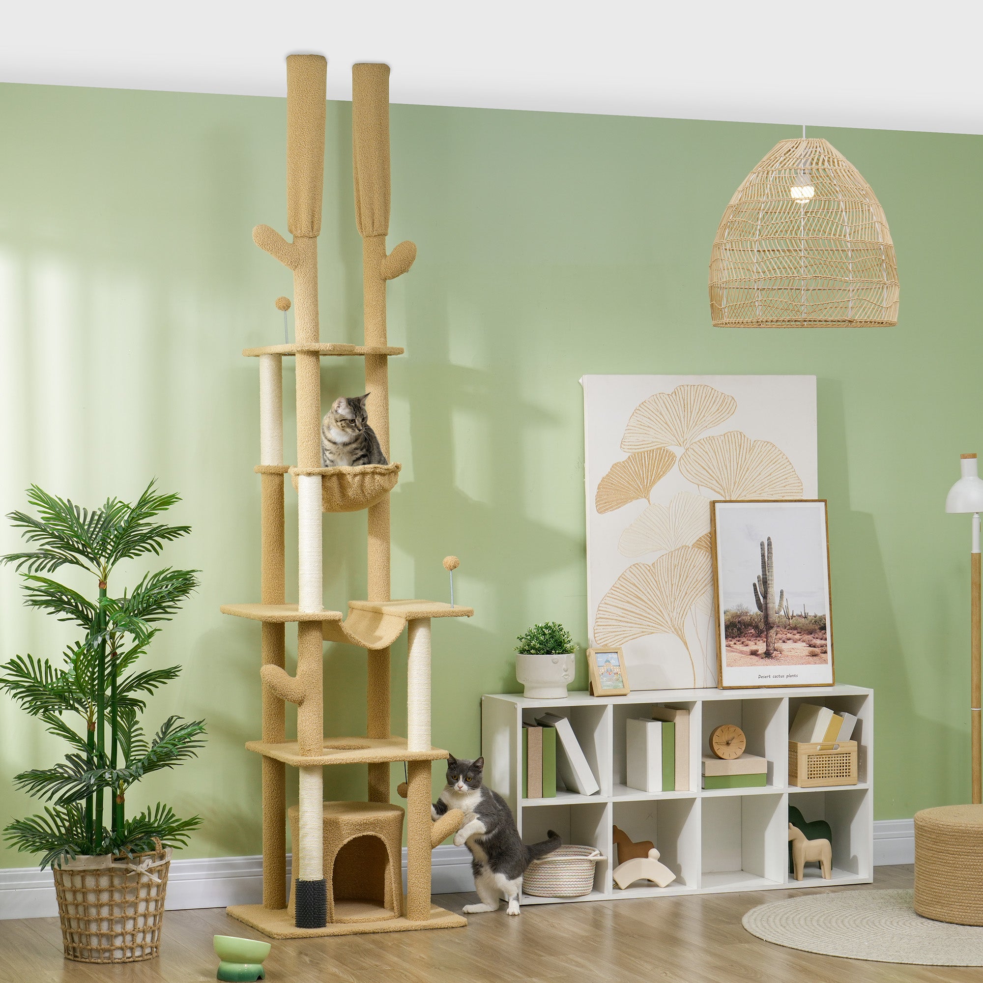 pawhut-arbre-chat-sol-plafond-r-glable-225-254-cm-cactus-avec-brosse-et-hamac-ma image 3