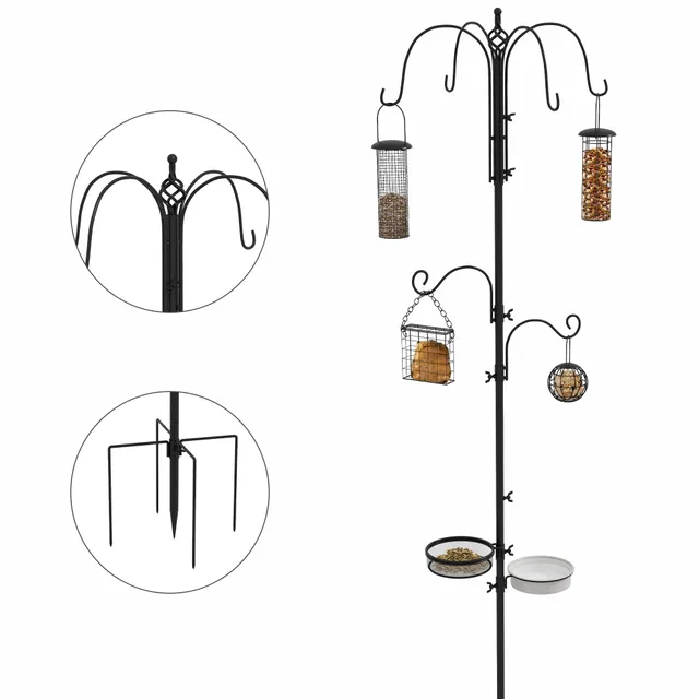 pawhut-station-d-alimentation-oiseaux-avec-6-crochets-et-4-mangeoires-noir image 1