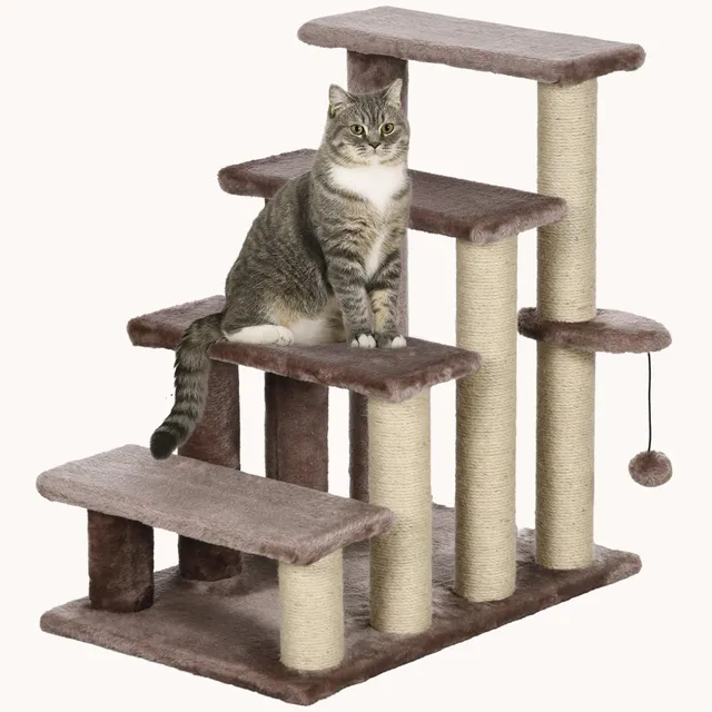 pawhut-escaliers-chat-4-marches-moquette-avec-griffoirs-et-balcon-lat-ral-marron image 1