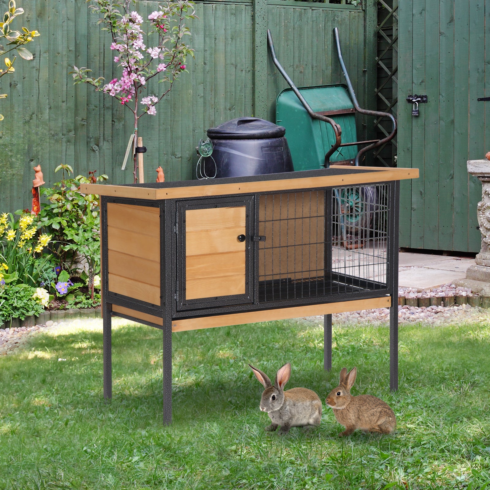 pawhut-clapier-lapin-sur-lev-avec-plateau-et-toit-ouvrable-jaune image 3