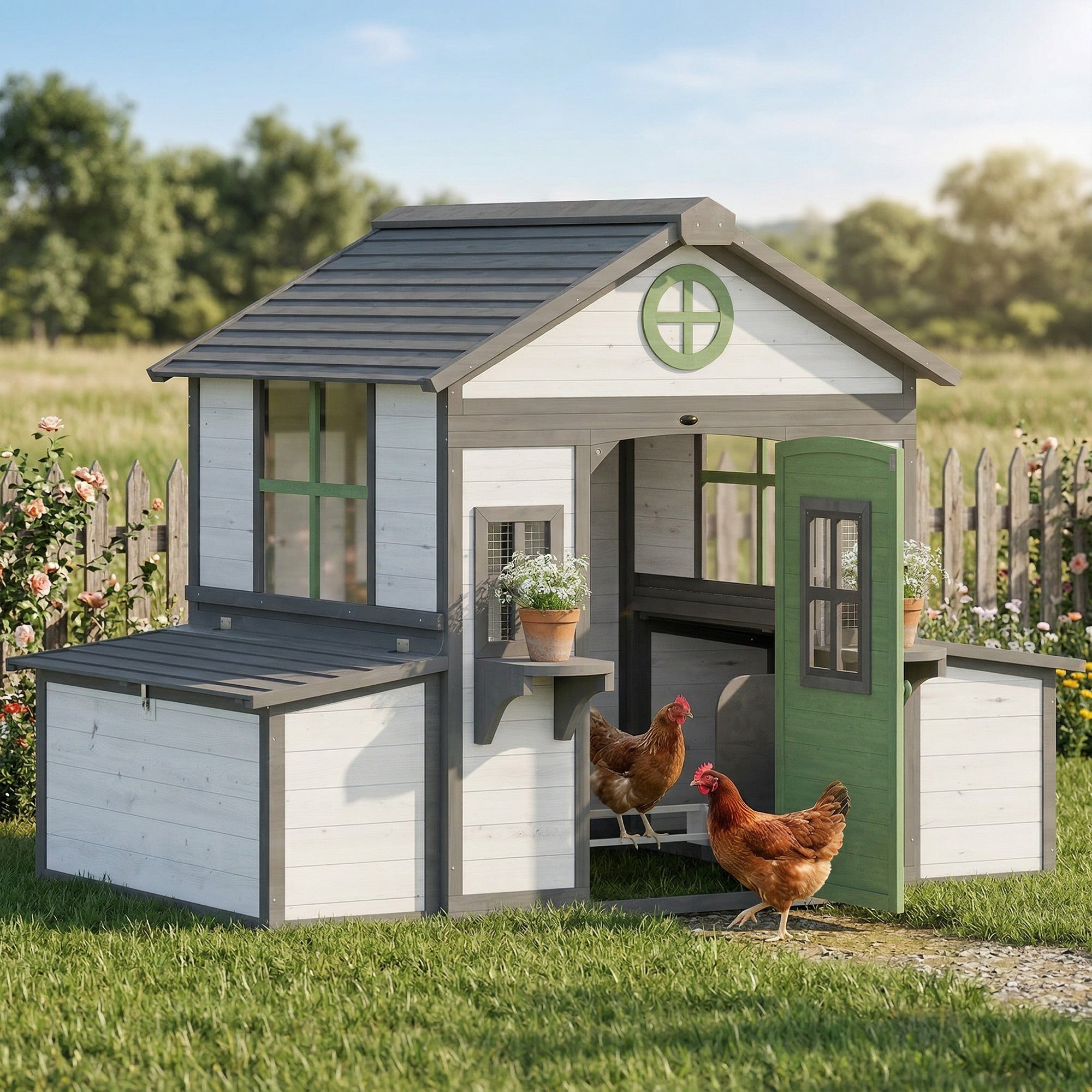 pawhut-poulailler-bois-182x126x136-cm-2-4-poules-2-pondoirs-blanc image 4