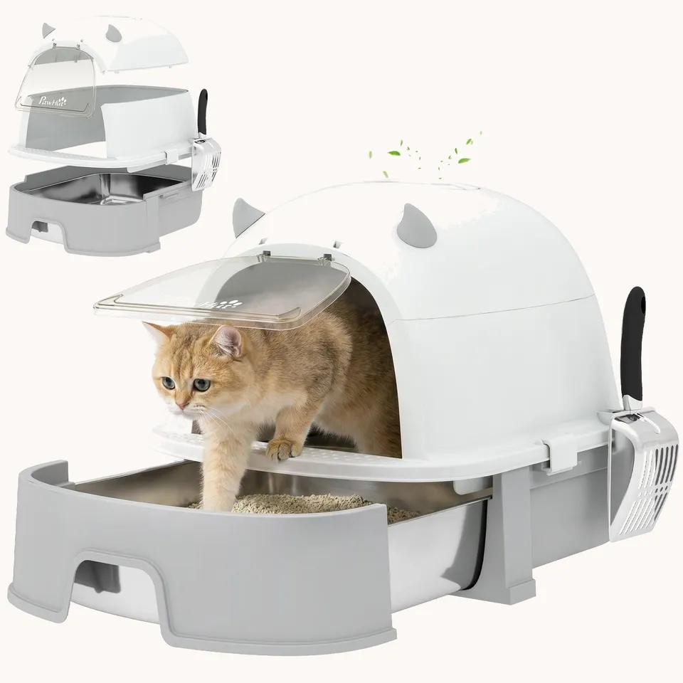 pawhut-bac-liti-re-chat-ferm-inox-xl-gris-avec-tiroir-coulissant-et-filtre-carbo image 1