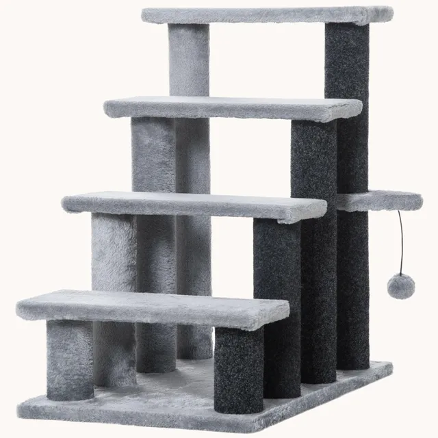 pawhut-arbre-chat-4-marches-2-en-1-escalier-chat-avec-griffoirs-et-balle-suspend image 1