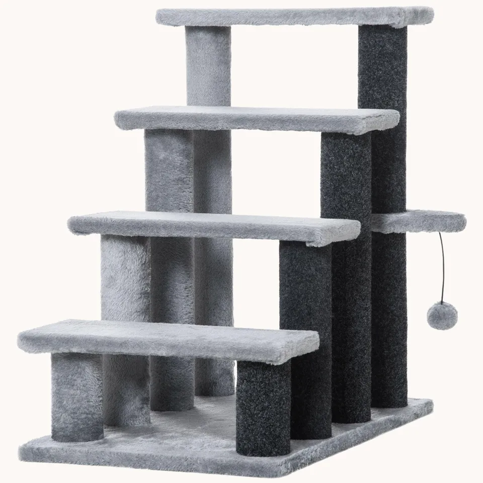 pawhut-arbre-chat-4-marches-2-en-1-escalier-chat-avec-griffoirs-et-balle-suspend image 1