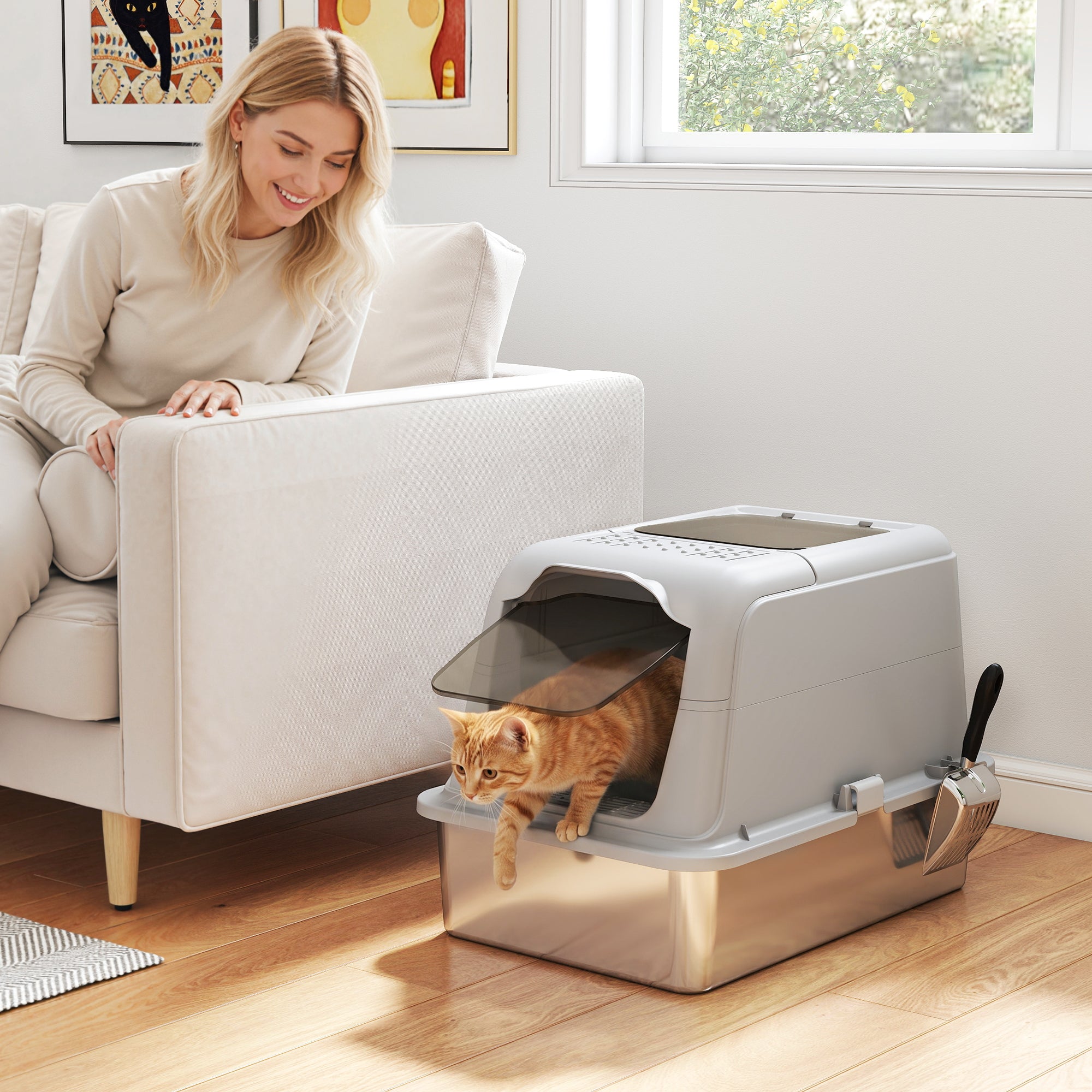 pawhut-bac-liti-re-chat-xxl-inox-couvercle-entr-e-avant-et-sortie-haute-anti-ode image 3