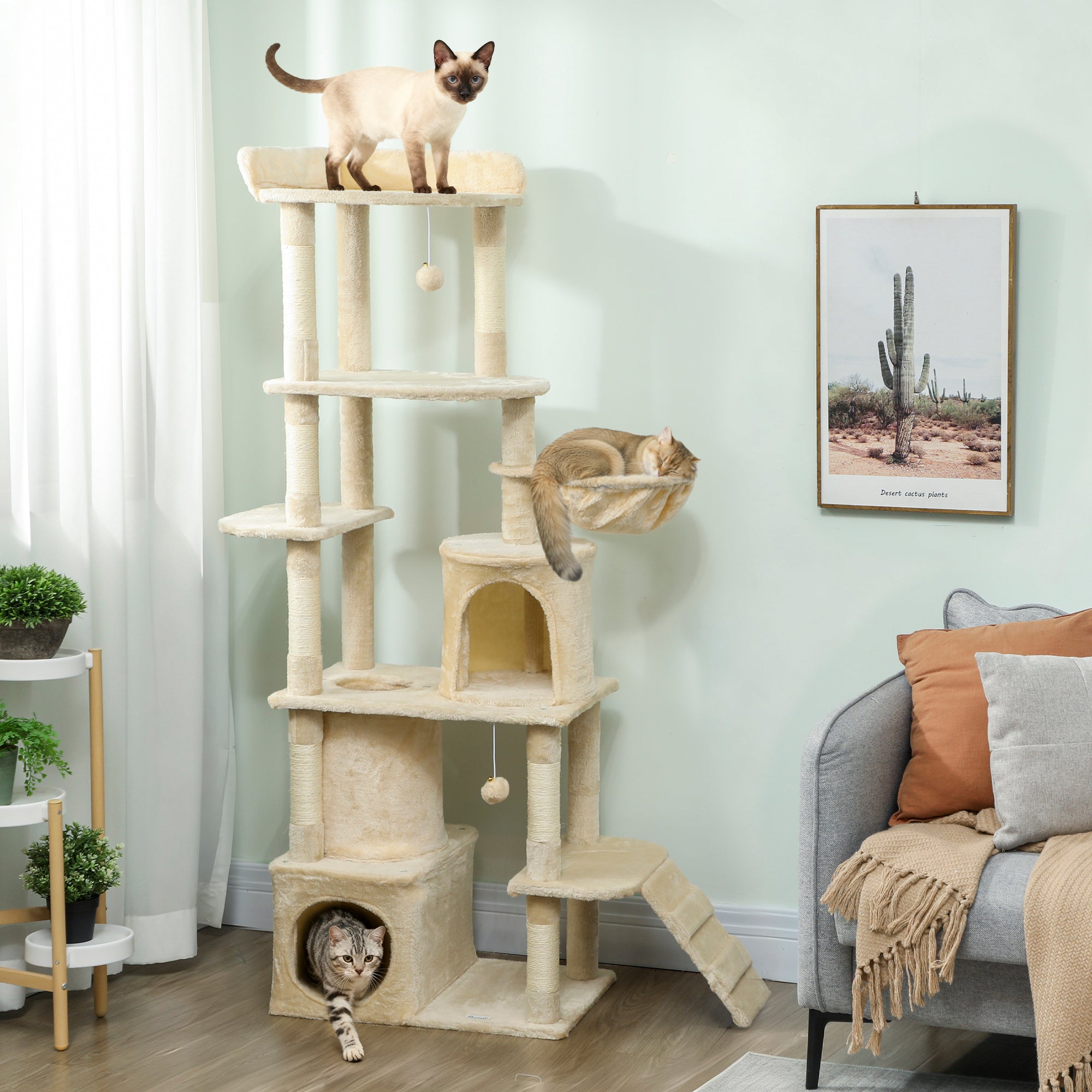 pawhut-arbre-chat-g-ant-170-cm-7-griffoirs-2-niches-hamac-beige image 3