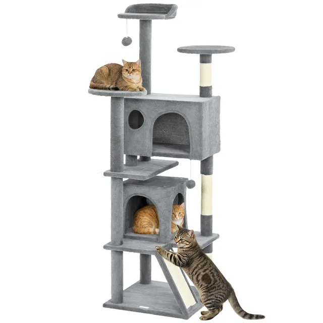 pawhut-arbre-chat-160-cm-avec-grifoire-rampe-deux-cabanes-et-panier-gris-clair image 1