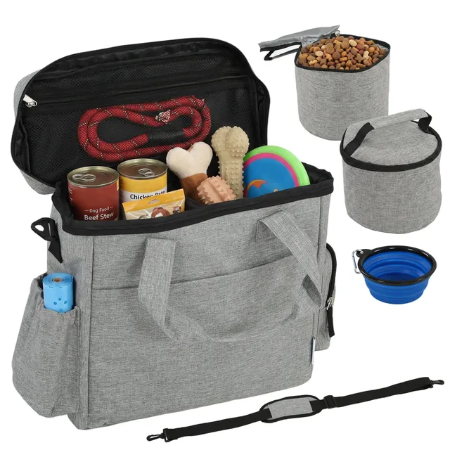 pawhut-sac-de-voyage-pour-chien-avec-poches-2-bo-tes-et-gamelle-pliable-gris-cla image 1
