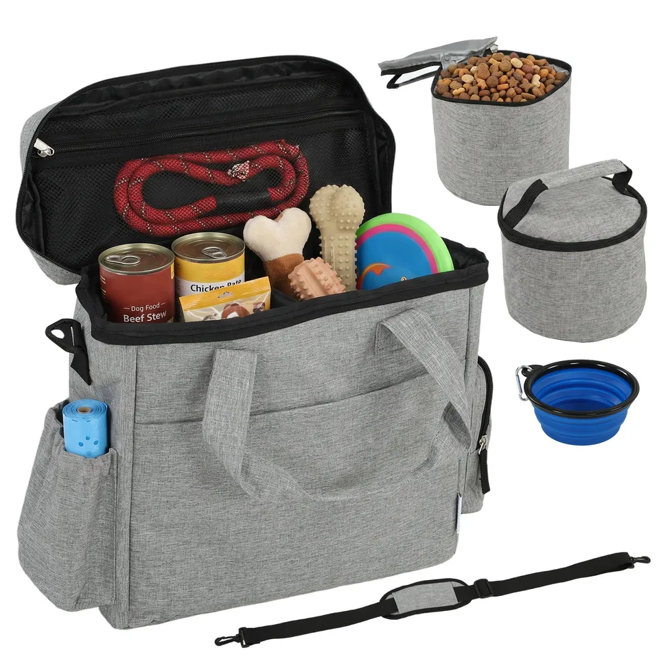 pawhut-sac-de-voyage-pour-chien-avec-poches-2-bo-tes-et-gamelle-pliable-gris-cla image 1